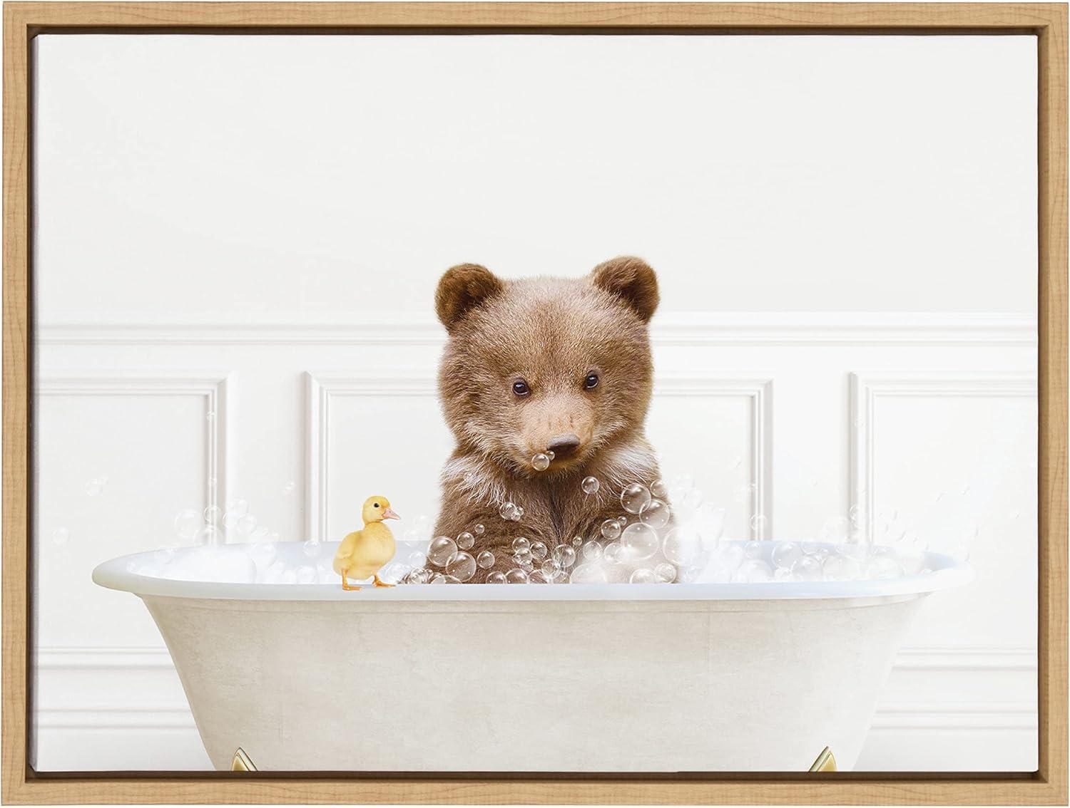 Kate and Laurel Sylvie Bear Cub In Bubble Bath Neutral Style Framed Canvas by Amy Peterson Art Studio, 18x24, Natural