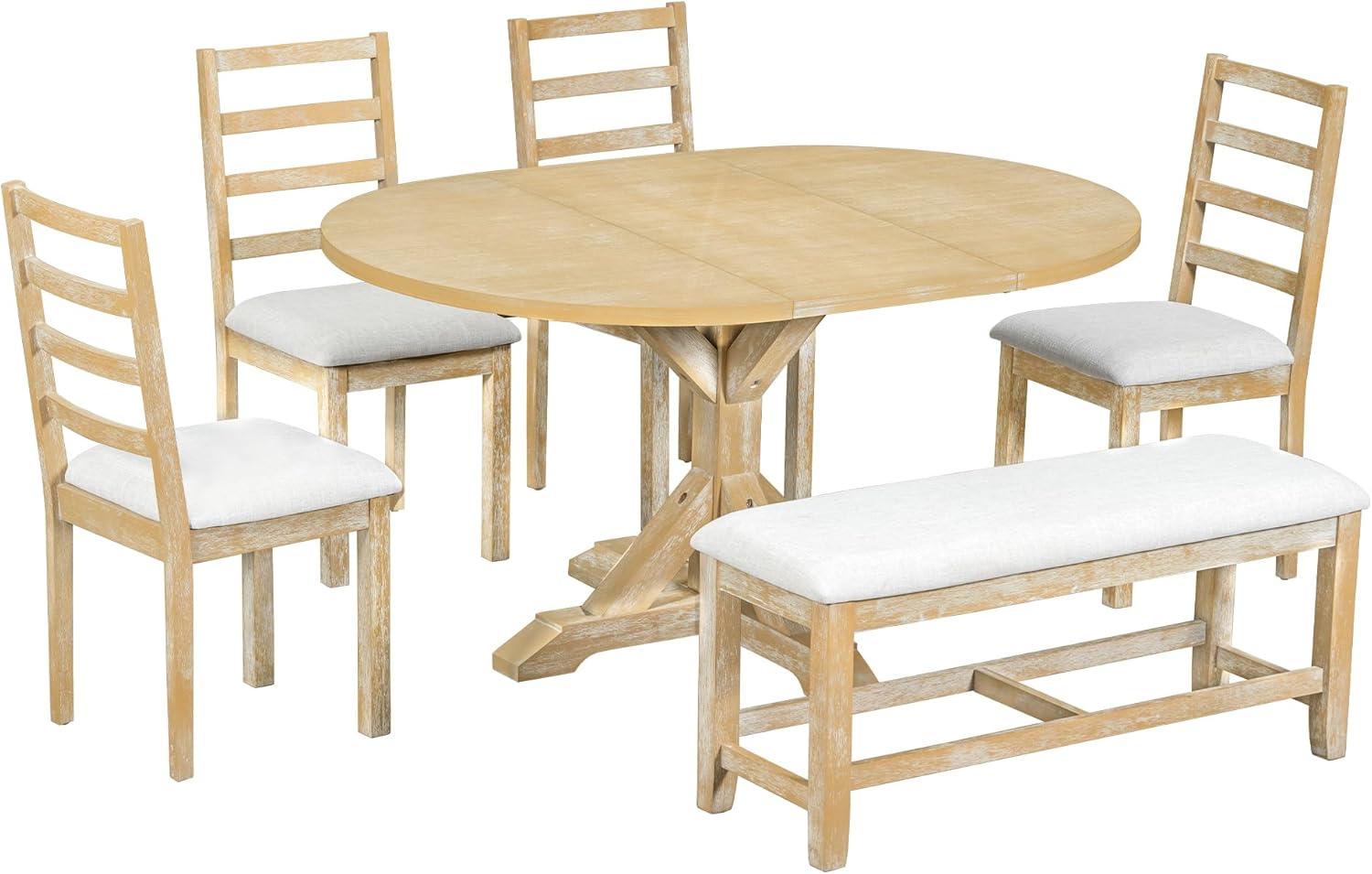 Natural Solid Wood Extendable Dining Set with Bench and 4 Chairs