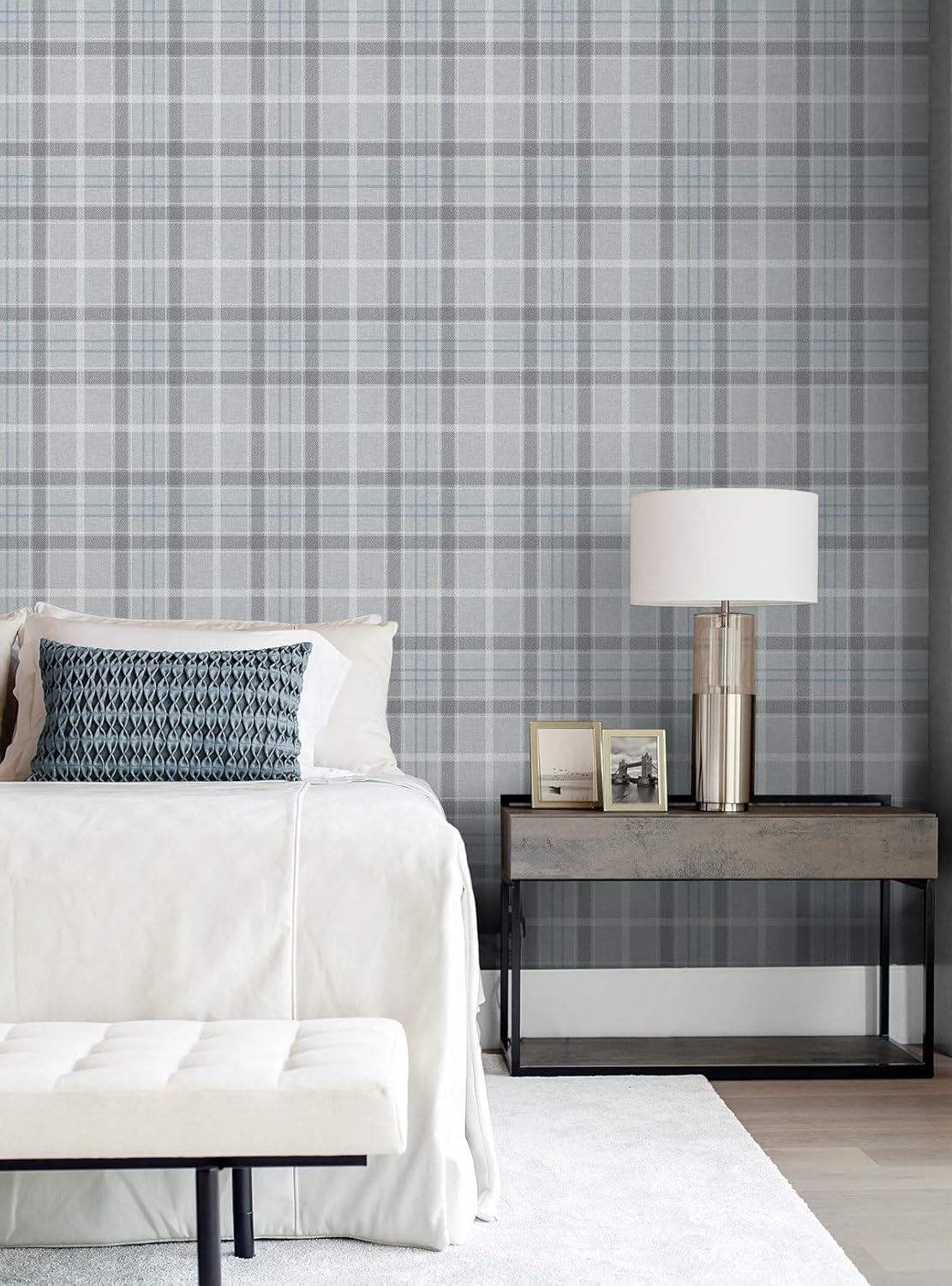 NextWall Pavestone & Blue Tailor Plaid Peel and Stick Wallpaper - 20.9 in. W x 18 ft. L Roll