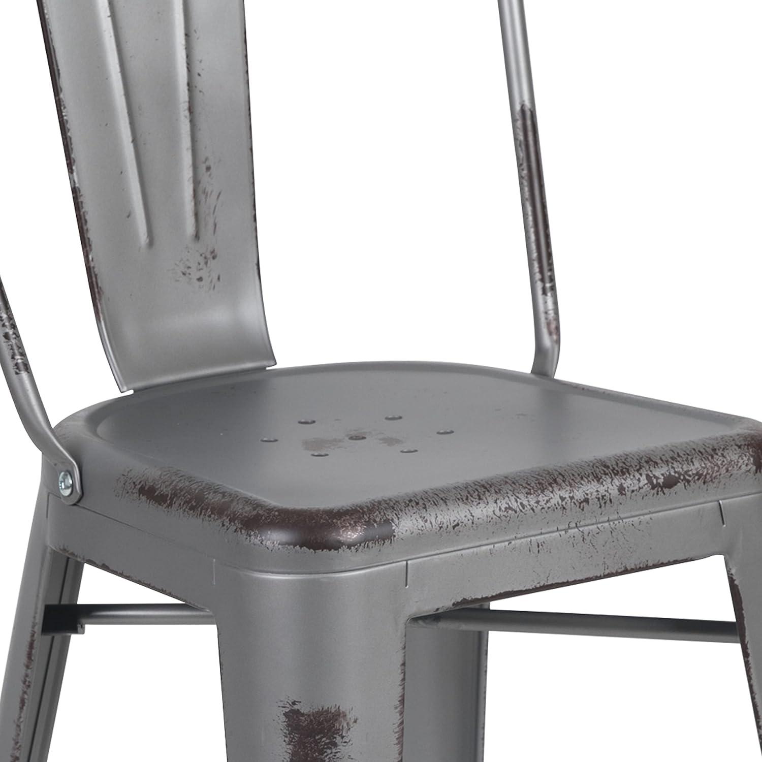 Flash Furniture Commercial Grade 24" High Distressed Silver Gray Metal Indoor-Outdoor Counter Height Stool with Back