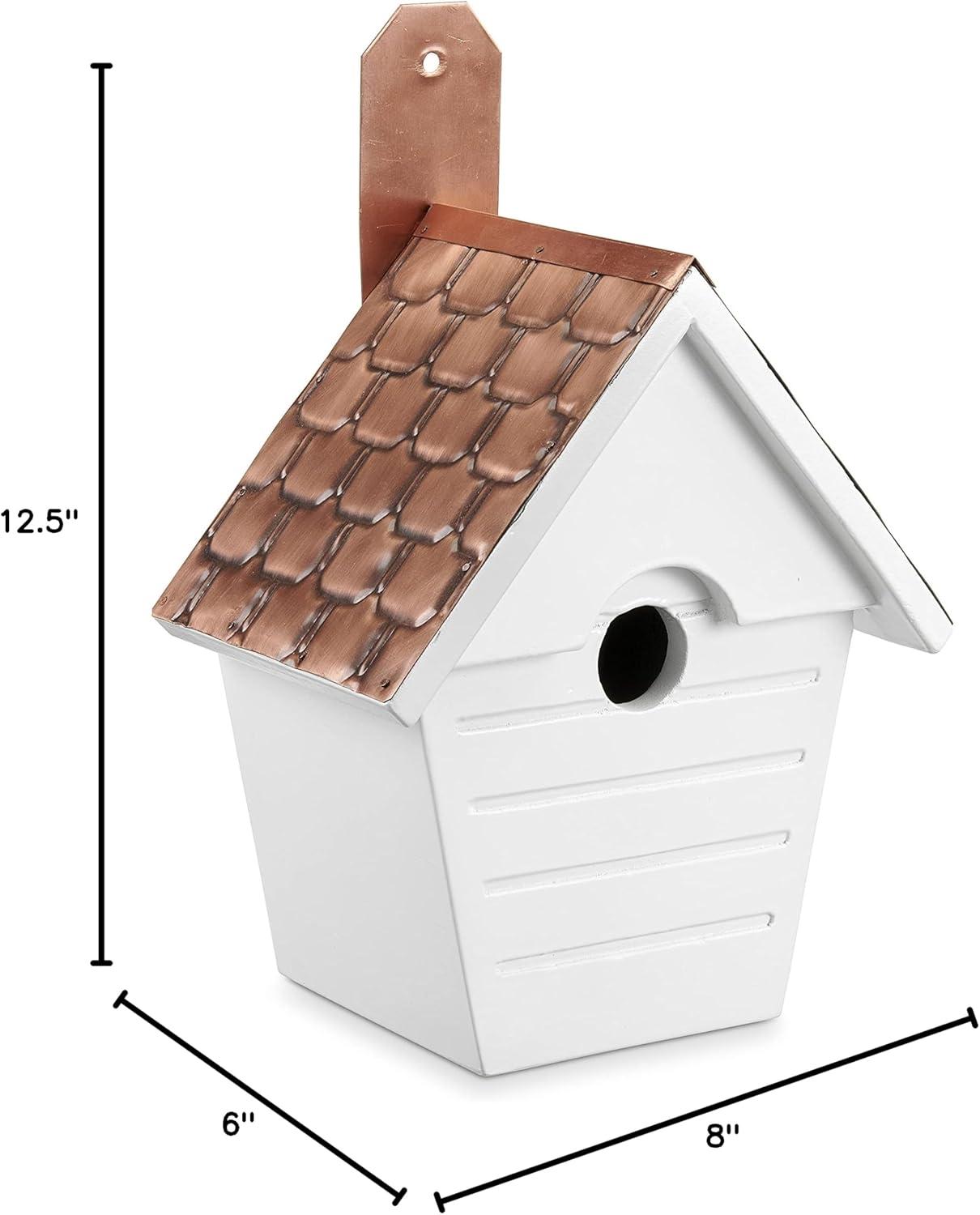 White Mango Wood Bird House with Copper Roof