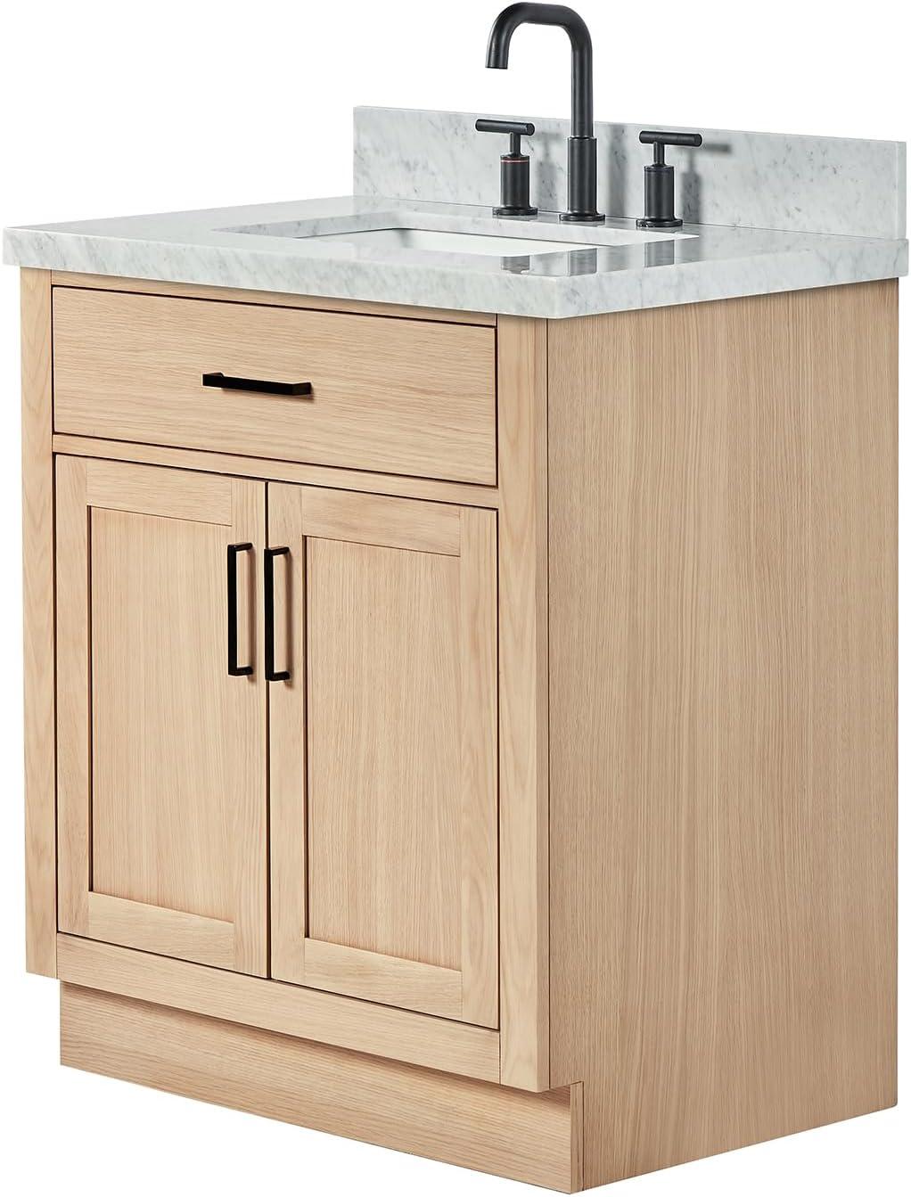 Ariel Hepburn 31 Inch Bathroom Vanity With Italian Carrara Marble Countertop 1.5 inch Edge In Oak