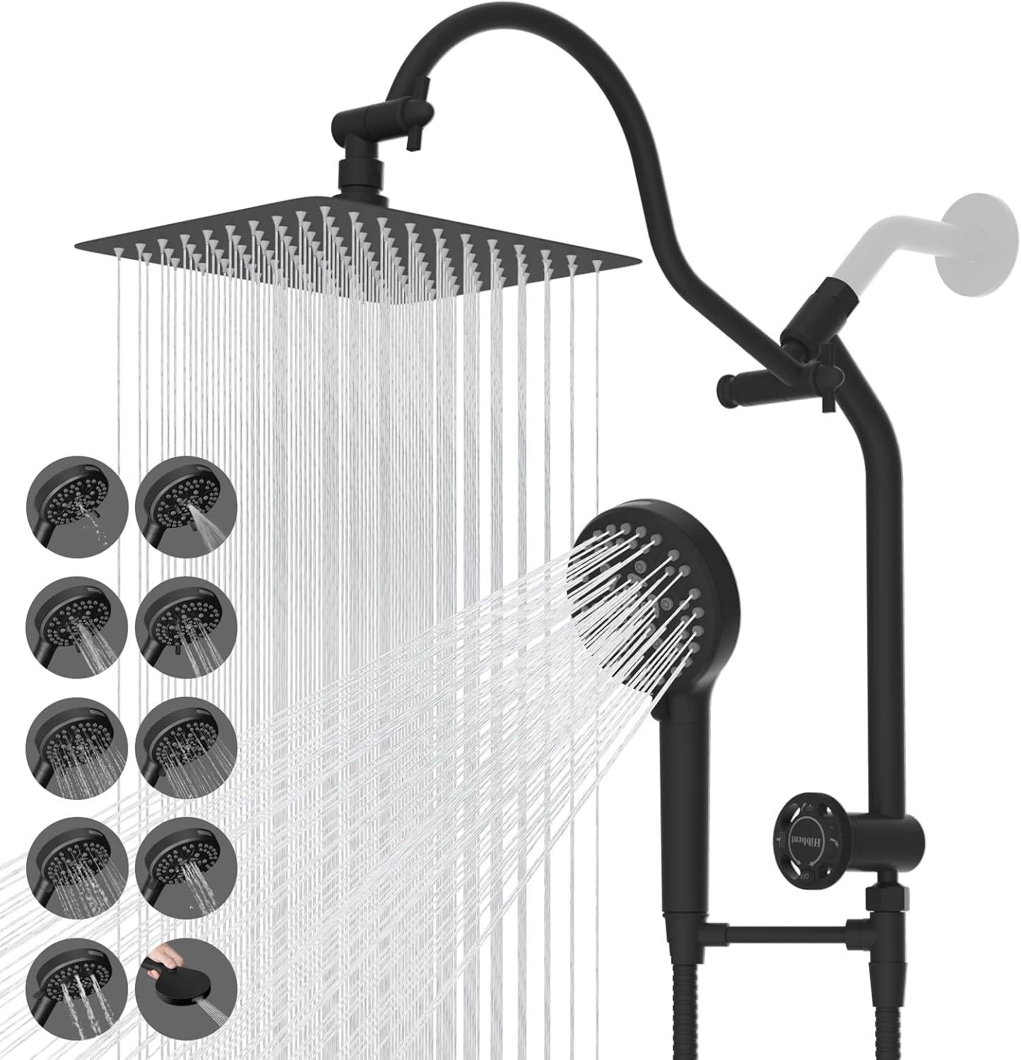 10'' High Pressure Rainfall Shower Head/Handheld Showerhead Combo with 12'' Adjustable Curved