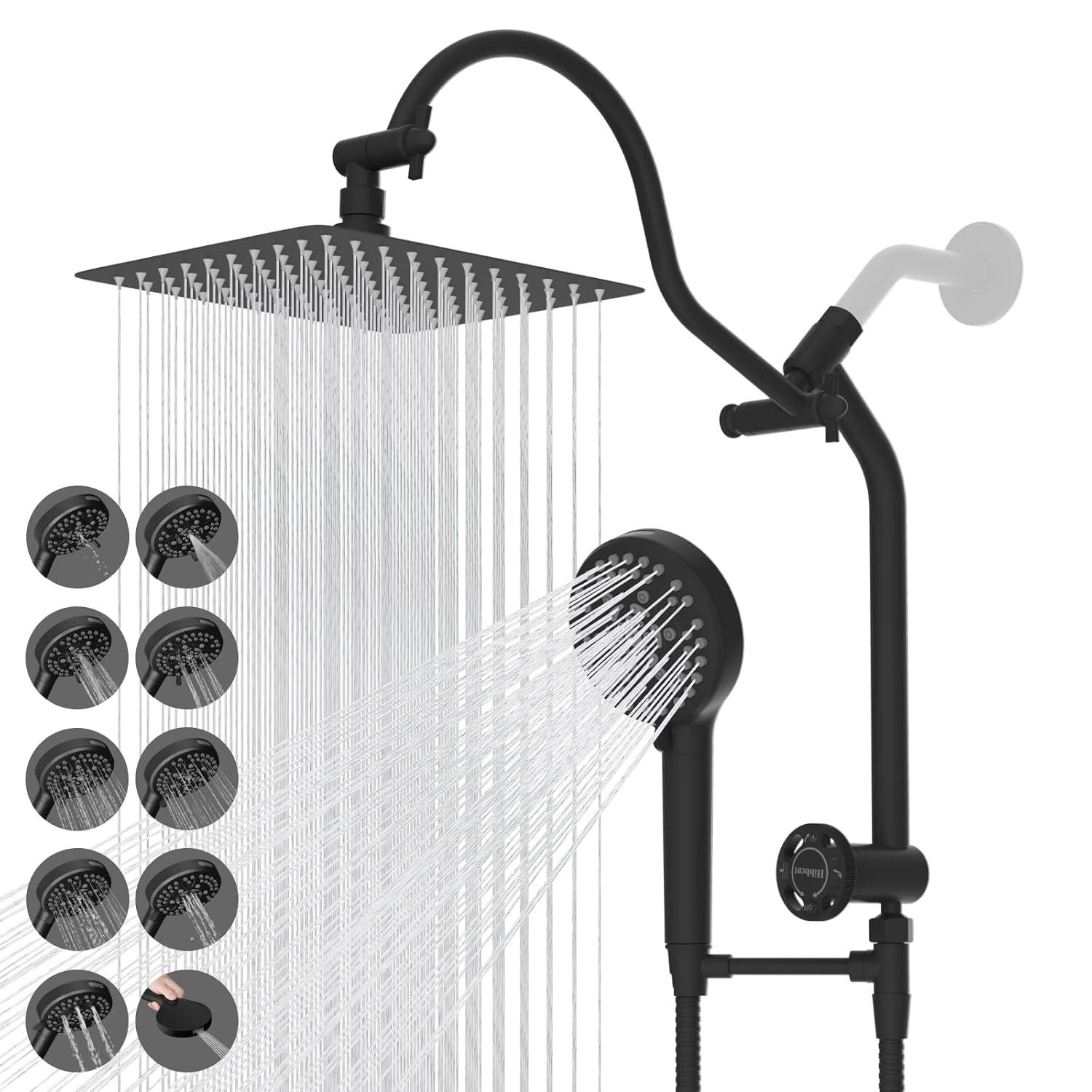10'' High Pressure Rainfall Shower Head/Handheld Showerhead Combo with 12'' Adjustable Curved