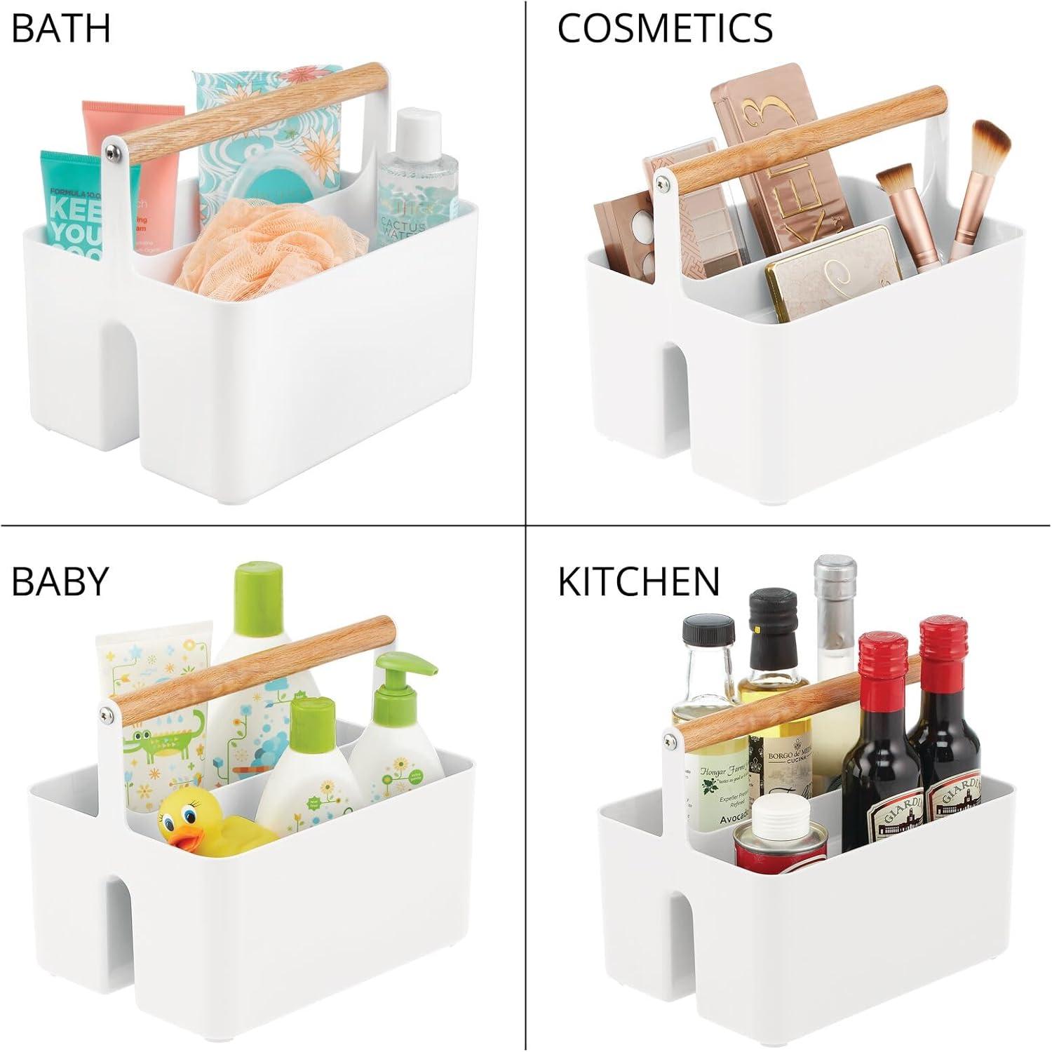 mDesign Plastic Portable Shower Caddy Divided Basket Bin Storage Organizer with Bamboo Handle for Bathroom, Dorm, Shelf & Cabinet Holds Shampoo, Conditioner - Aura Collection, White/Natural