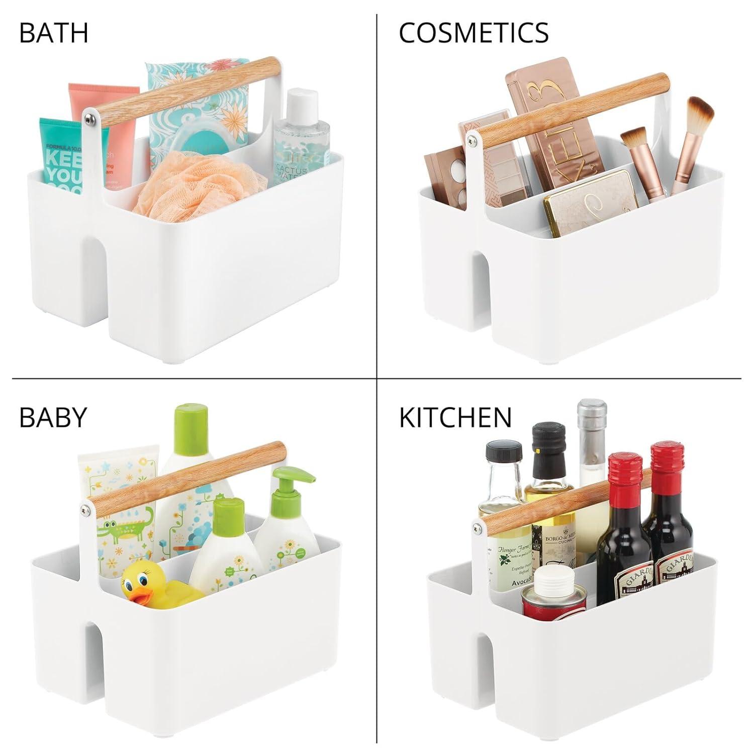 mDesign Plastic Portable Shower Caddy Divided Basket Bin Storage Organizer with Bamboo Handle for Bathroom, Dorm, Shelf & Cabinet Holds Shampoo, Conditioner - Aura Collection, White/Natural