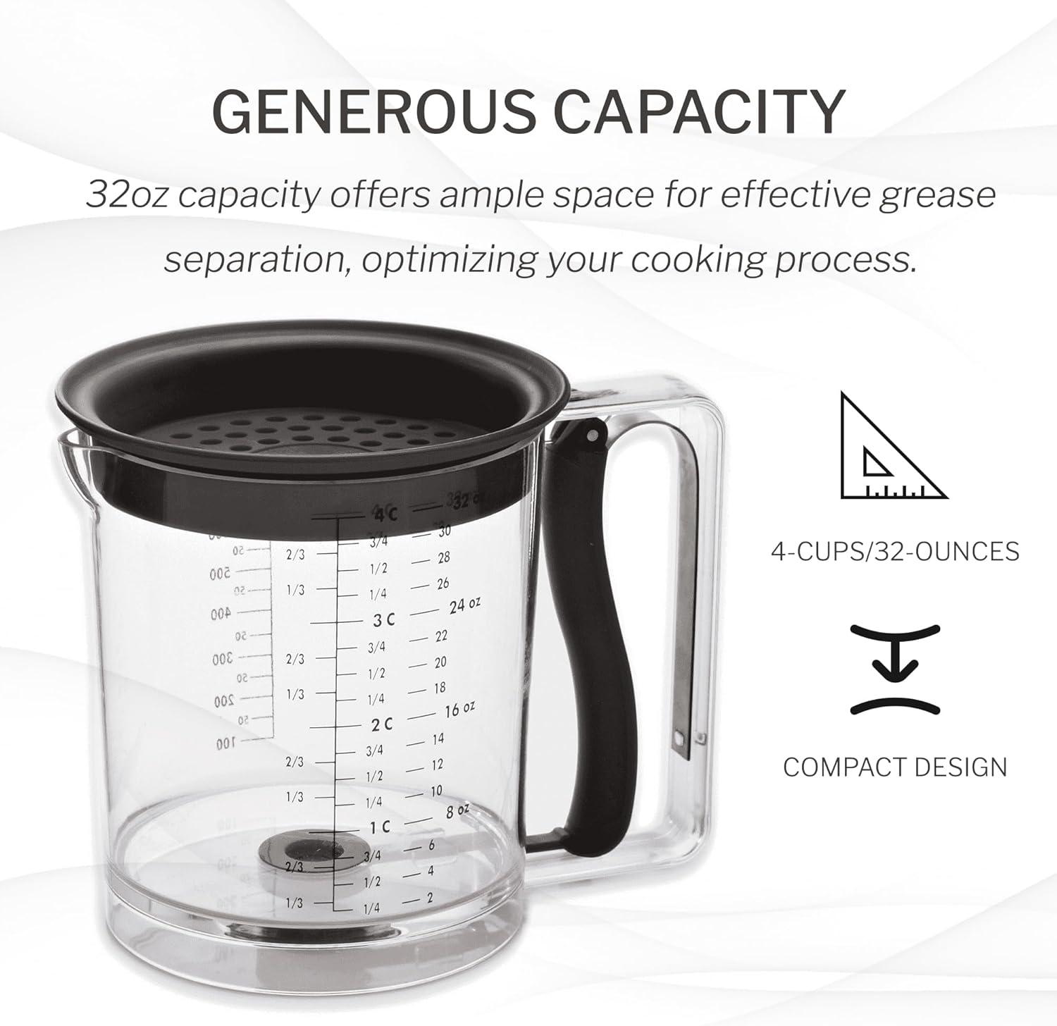 Amco 4 Cup Easy Release Fat And Gravy Separator With Deep Removable Lid & Quick Release Handle - Black