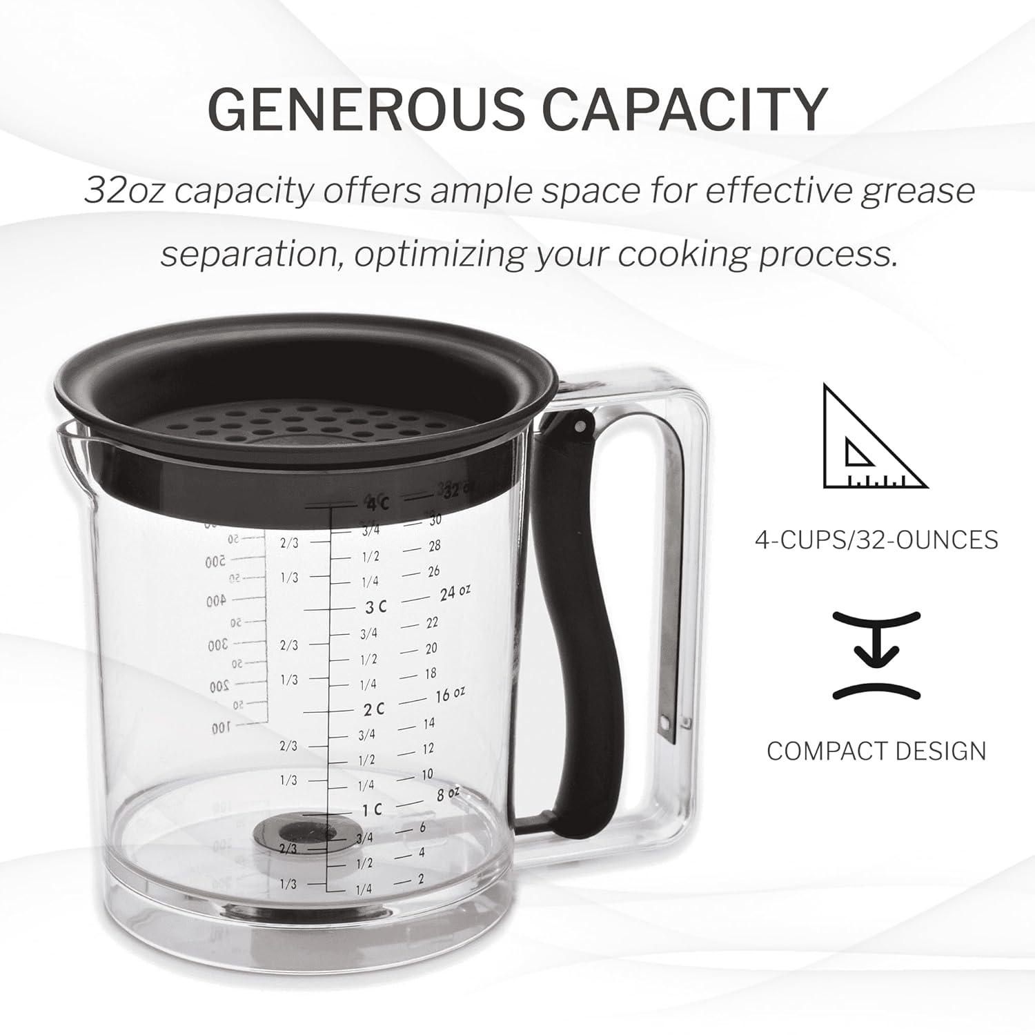 Amco 4 Cup Easy Release Fat And Gravy Separator With Deep Removable Lid & Quick Release Handle - Black