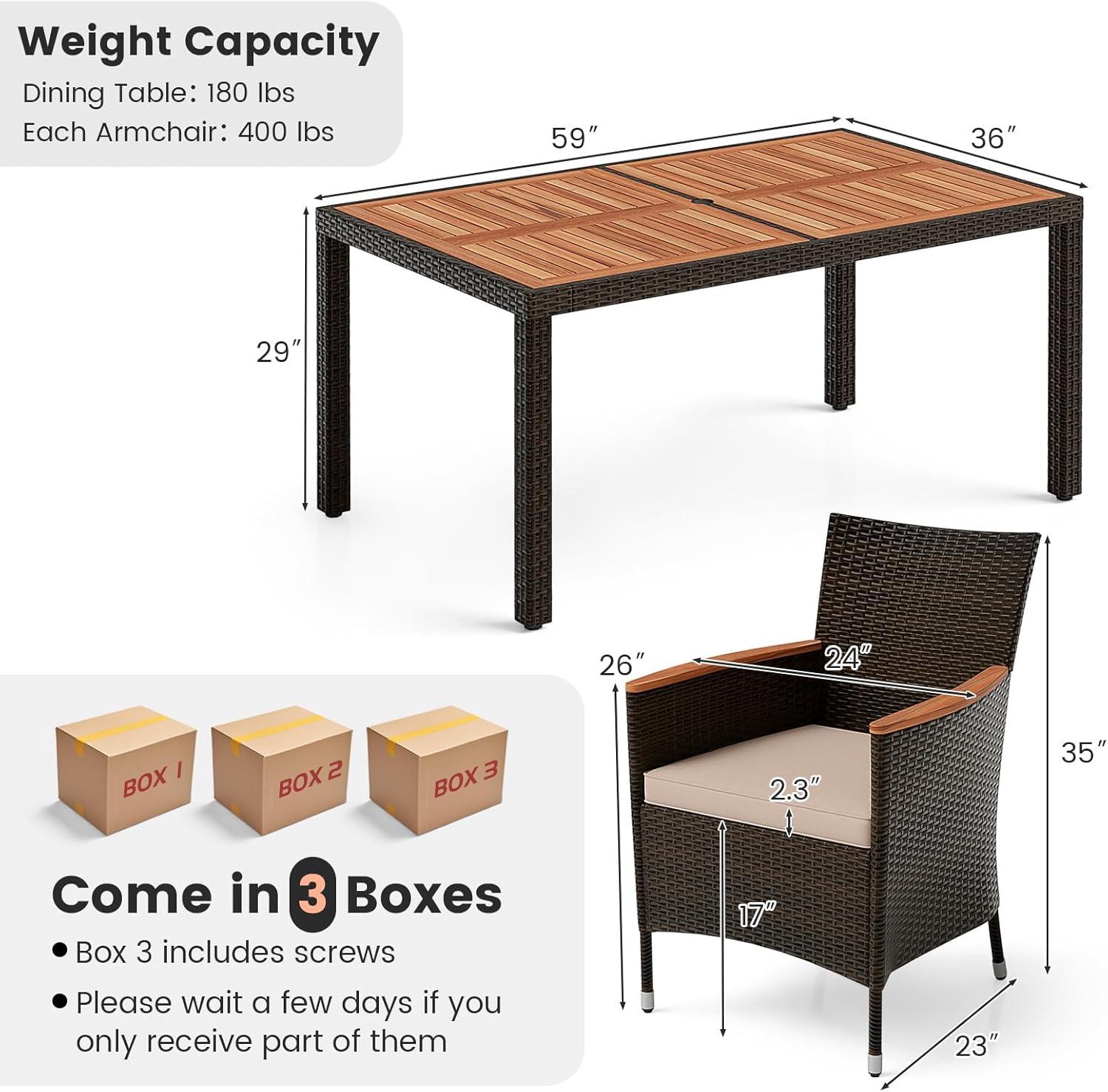 7 Piece Patio Dining Set, PE Rattan Outdoor Table And Chairs Dining Furniture Set With Stackable Armchairs & Cushions, Acacia Wood Table, For Backyard