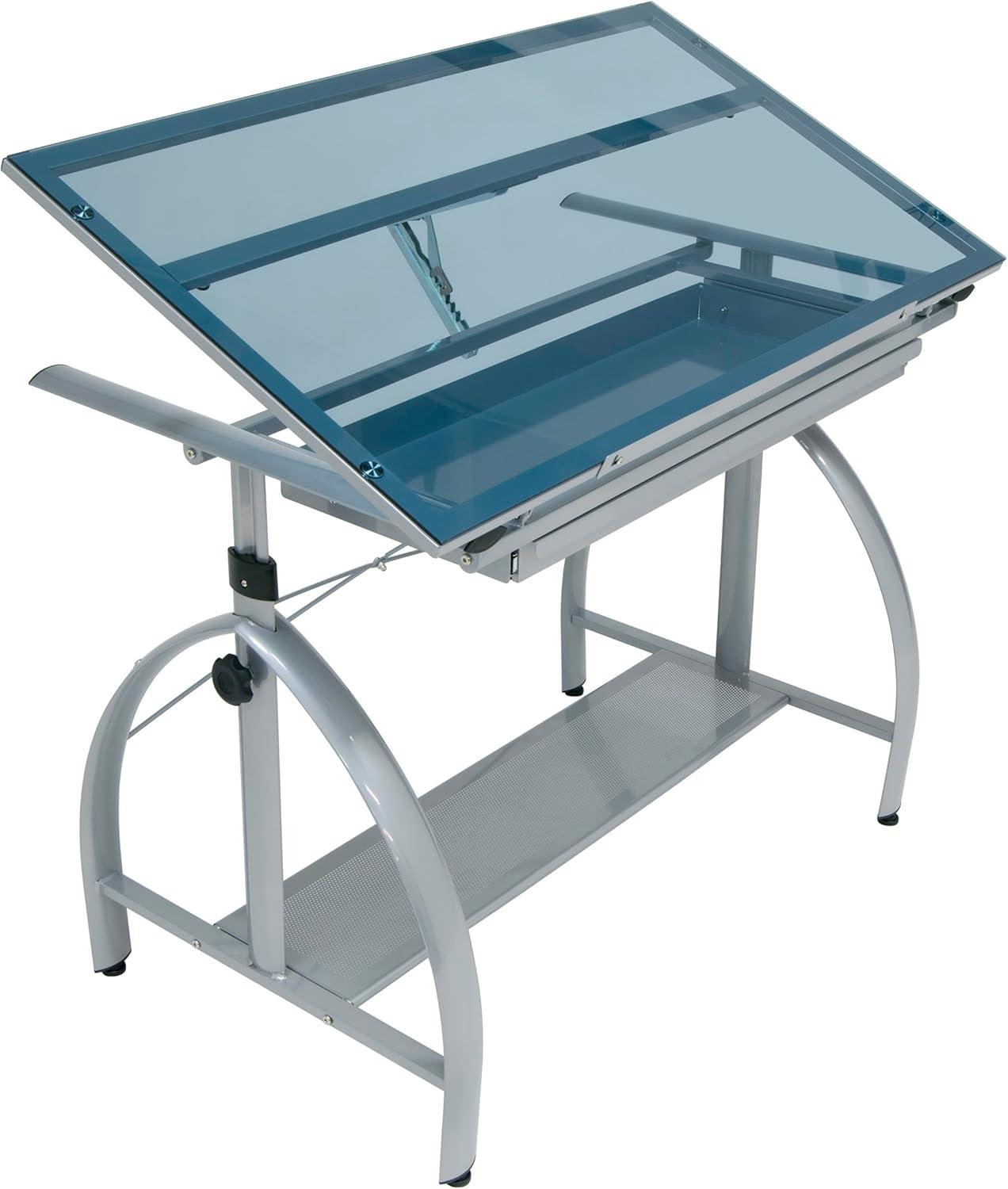 Avanta 42'' Silver Steel Drafting Table with Blue Glass Top