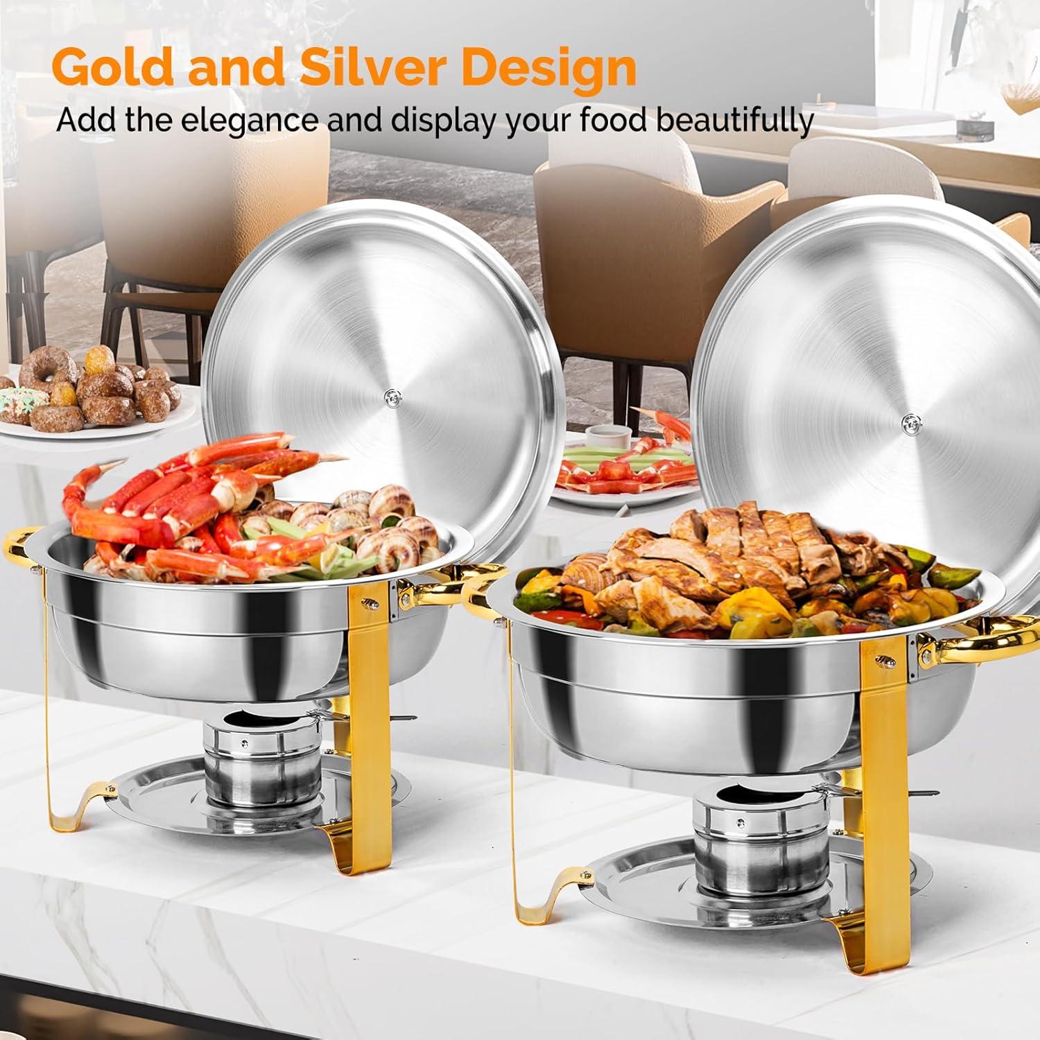 ROVSUN Gold Chafing Dishes for Buffet, 5 Qt 4 Pack Round Stainless Steel Chafing Dish Set with Lid Holder, Buffet Warmer Set for Parties, Christmas Gatherings, Catering Events, Weddings