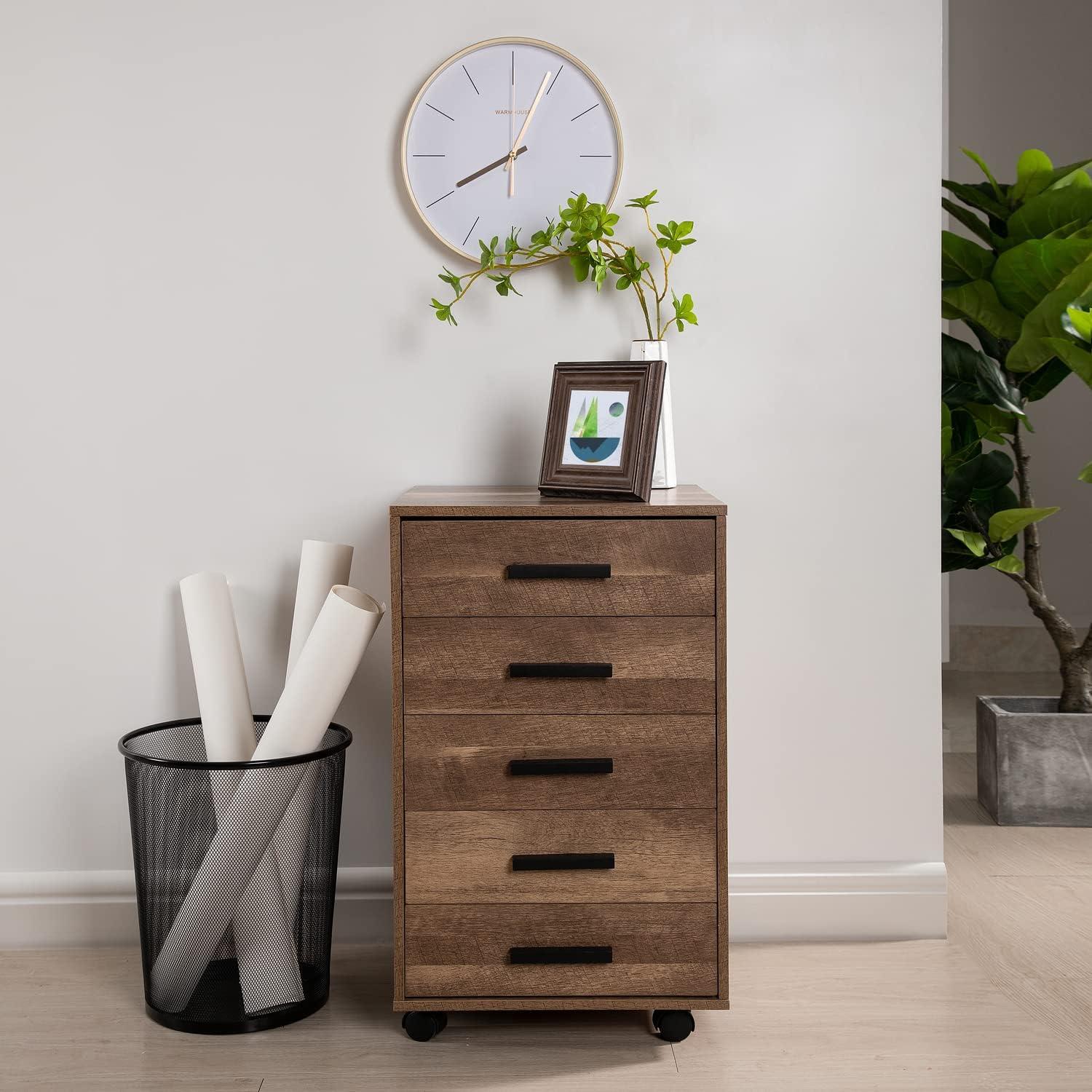 Chestnut MDF 5-Drawer Vertical Dresser with Casters