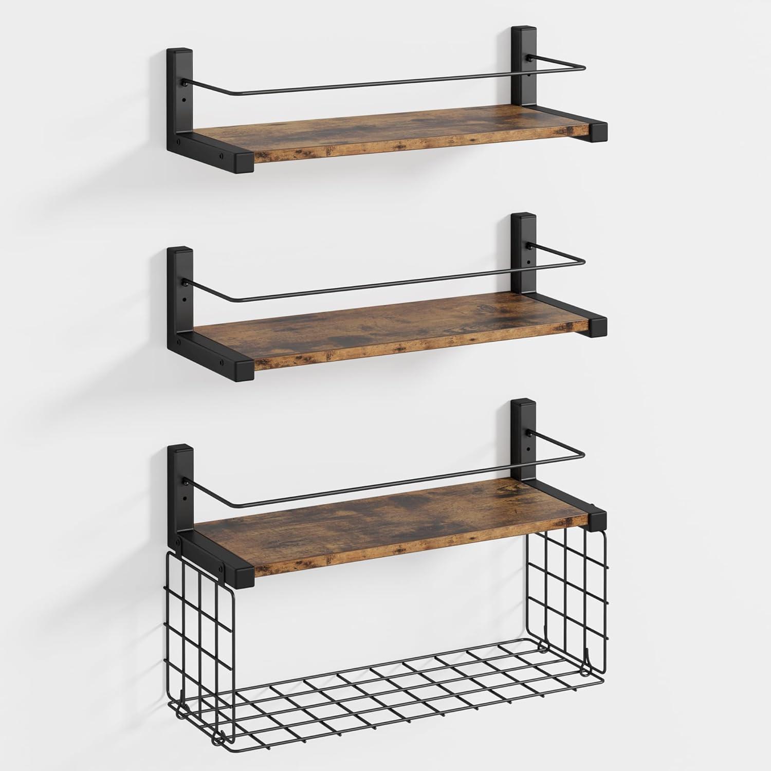 IRONCK Floating Shelves for Wall Storage, Bathroom Shelves with Protective Metal Guardrail and Wire Basket Towel Bar, for Bathroom, Kitchen, Bedroom, Living Room, Office,Vintage Brown