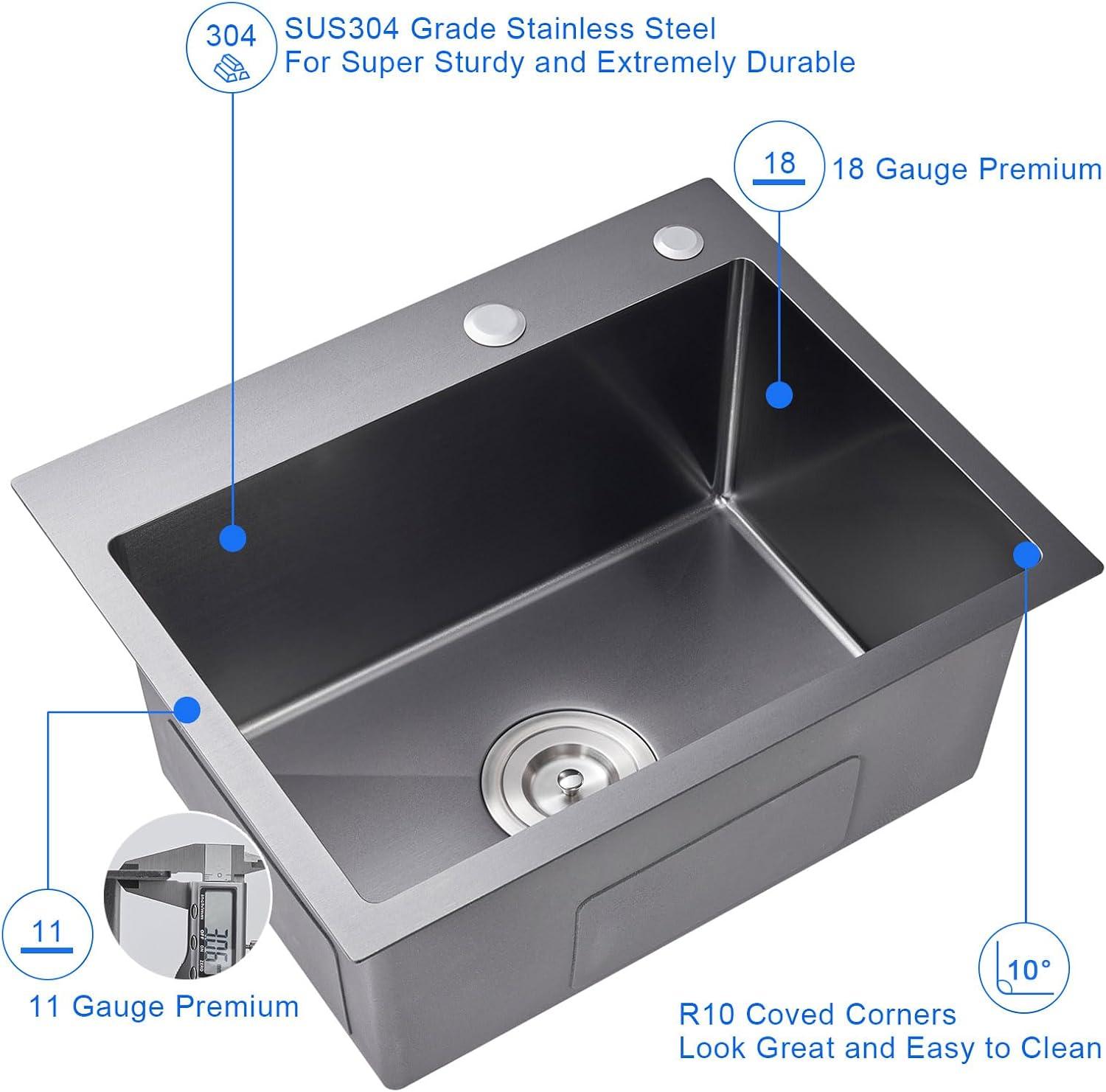 MENATT 20-inch Top-Mount Handmade Kitchen Sink, SUS304 Stainless Steel Drop in Kitchen Single Bowl Sink with Basket Strainer (Black), 20"x16"x9"