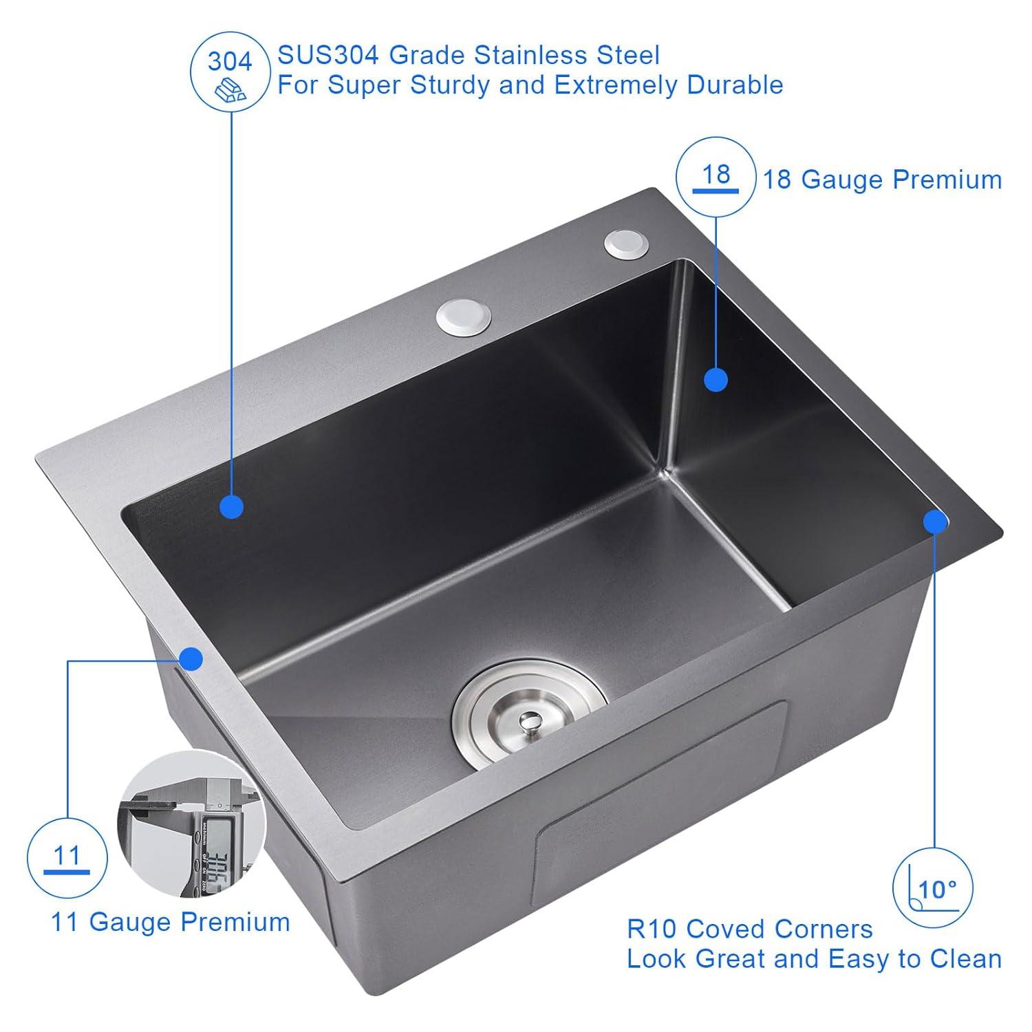 MENATT 20-inch Top-Mount Handmade Kitchen Sink, SUS304 Stainless Steel Drop in Kitchen Single Bowl Sink with Basket Strainer (Black), 20"x16"x9"