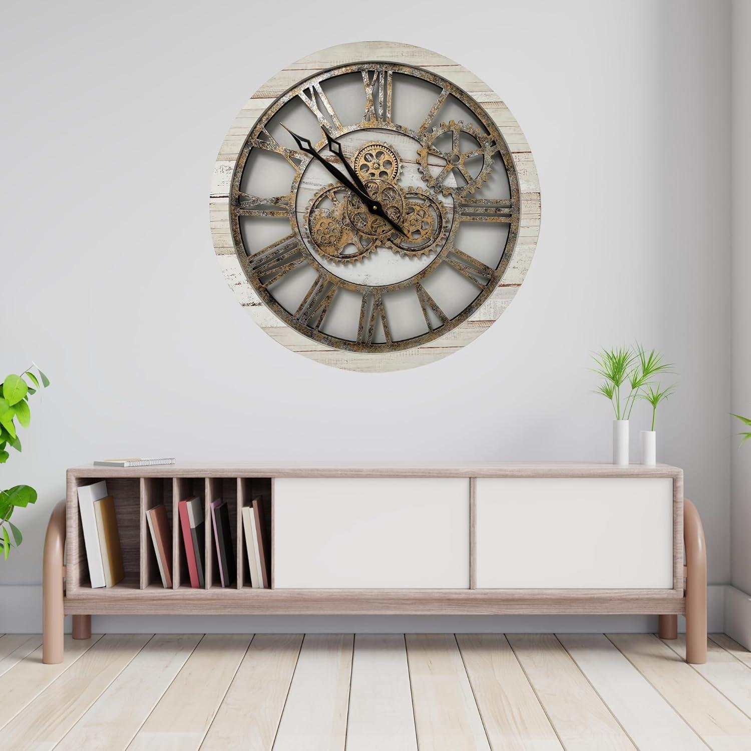 The Gears Clock Wall Clock 24" Round Oversized for Living Room decor with Real Moving Gears America Collection