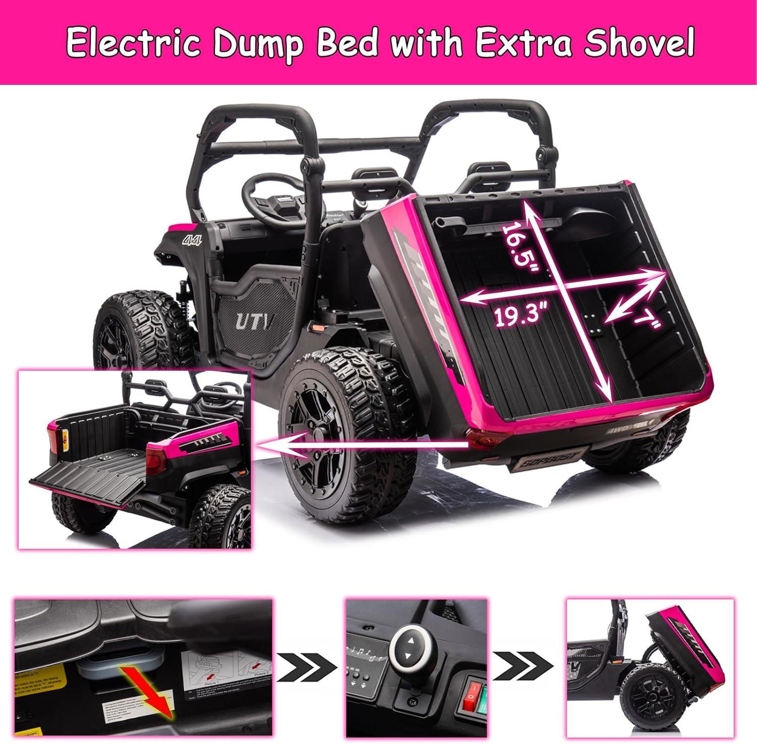 24V Kids Ride on Dump Truck with Remote Control, 2 Seater Powered 4-Wheel UTV Toys, 2x200W Ride on Tractor Car w/ Electric Dump Bed, Shovel, Bluetooth Music, Pink