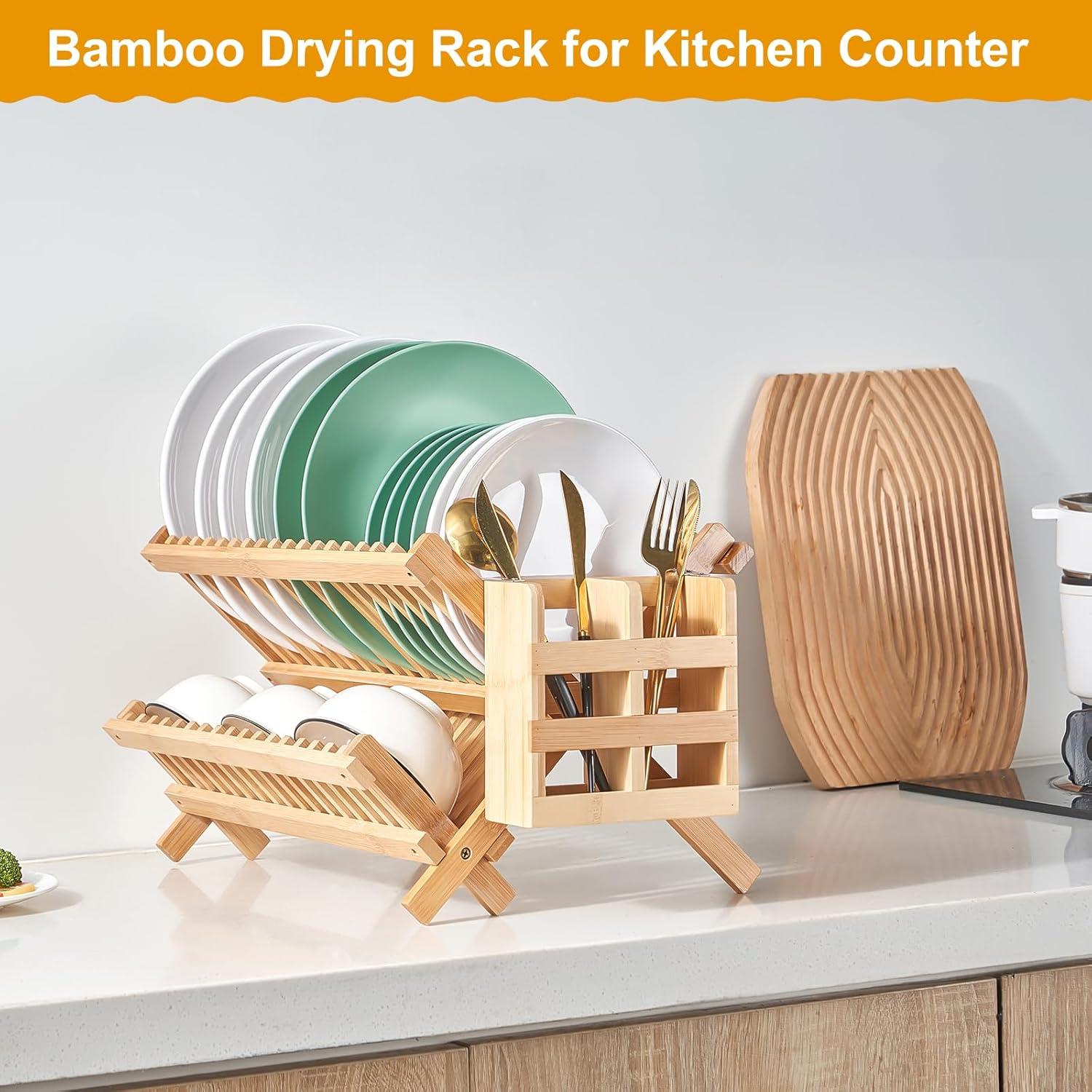 Foldable Bamboo 2-Tier Dish Drying Rack with Utensil Holder