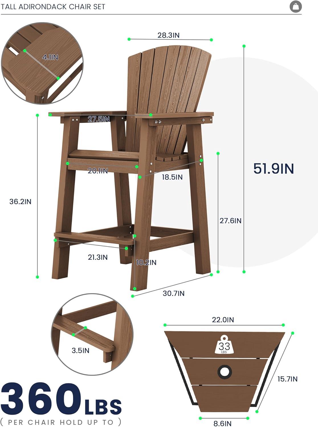 JUSTLET Tall Plastic Adirondack Chair Set of 2 W/ Outdoor Barstools and Connecting Tray, Brown