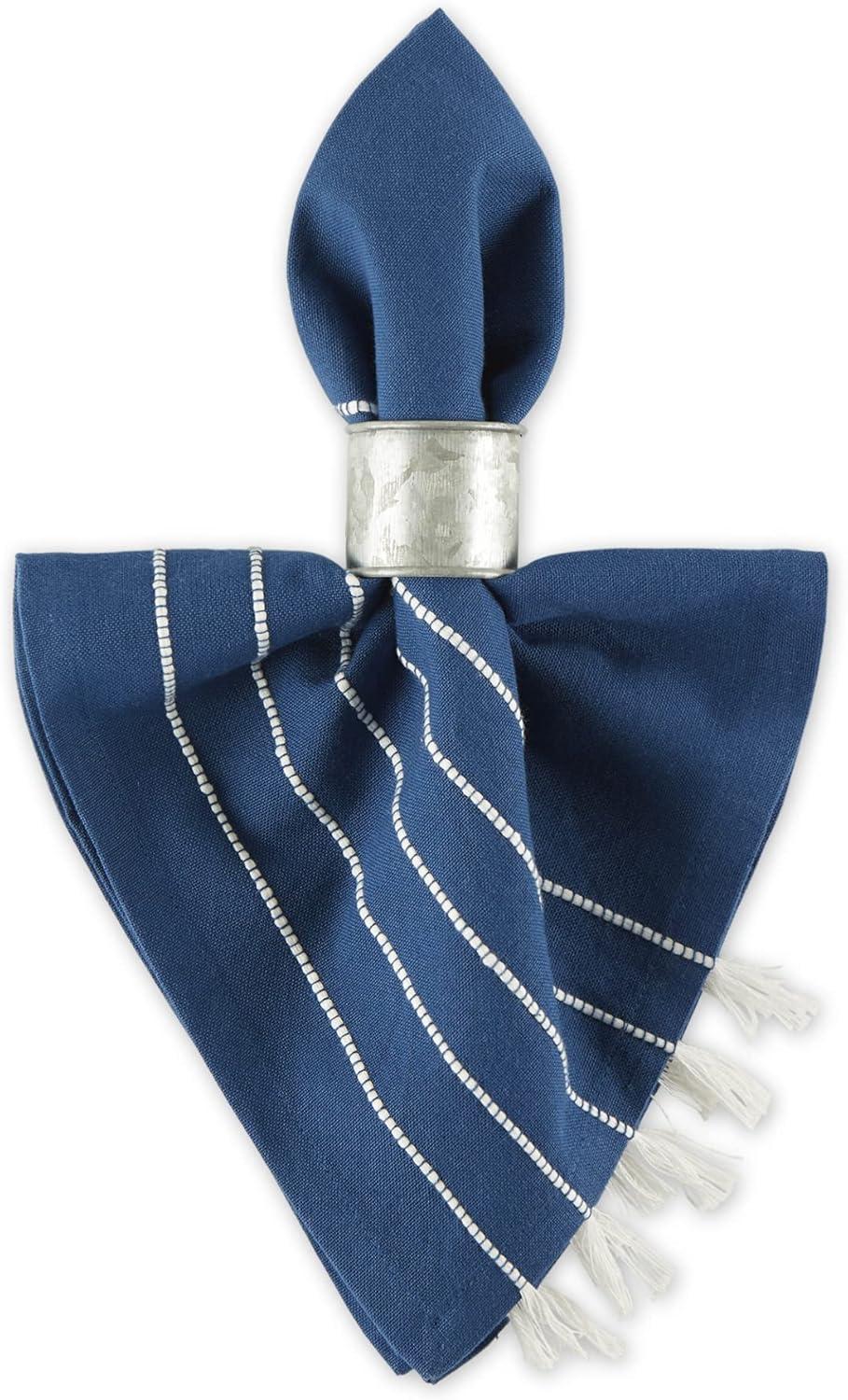 Navy and Off White Stripe Tassel Napkin Multi-Color Cotton 20x20x.2 Set of 4