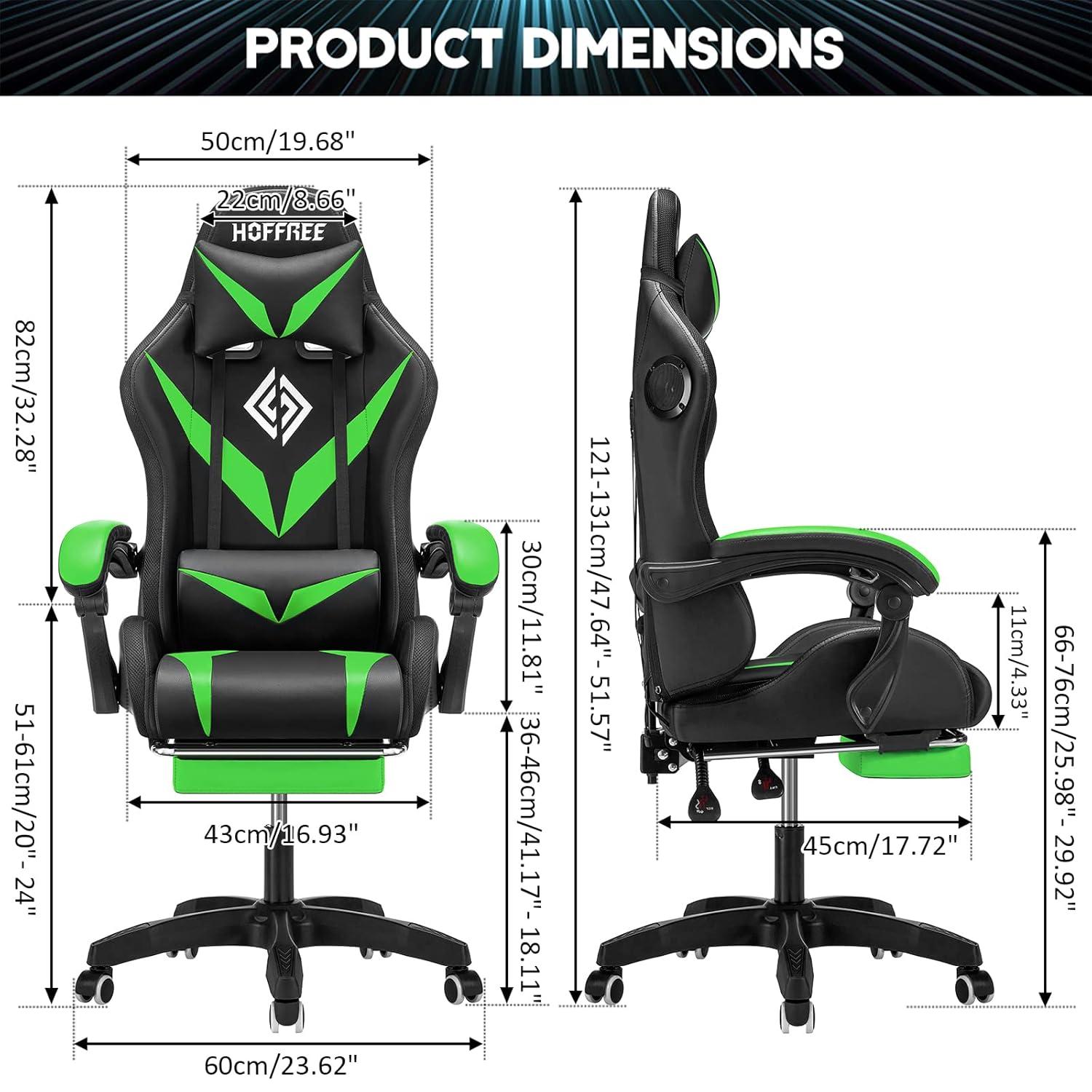 Ergonomic Black and Green Leather Gaming Chair with LED Lights