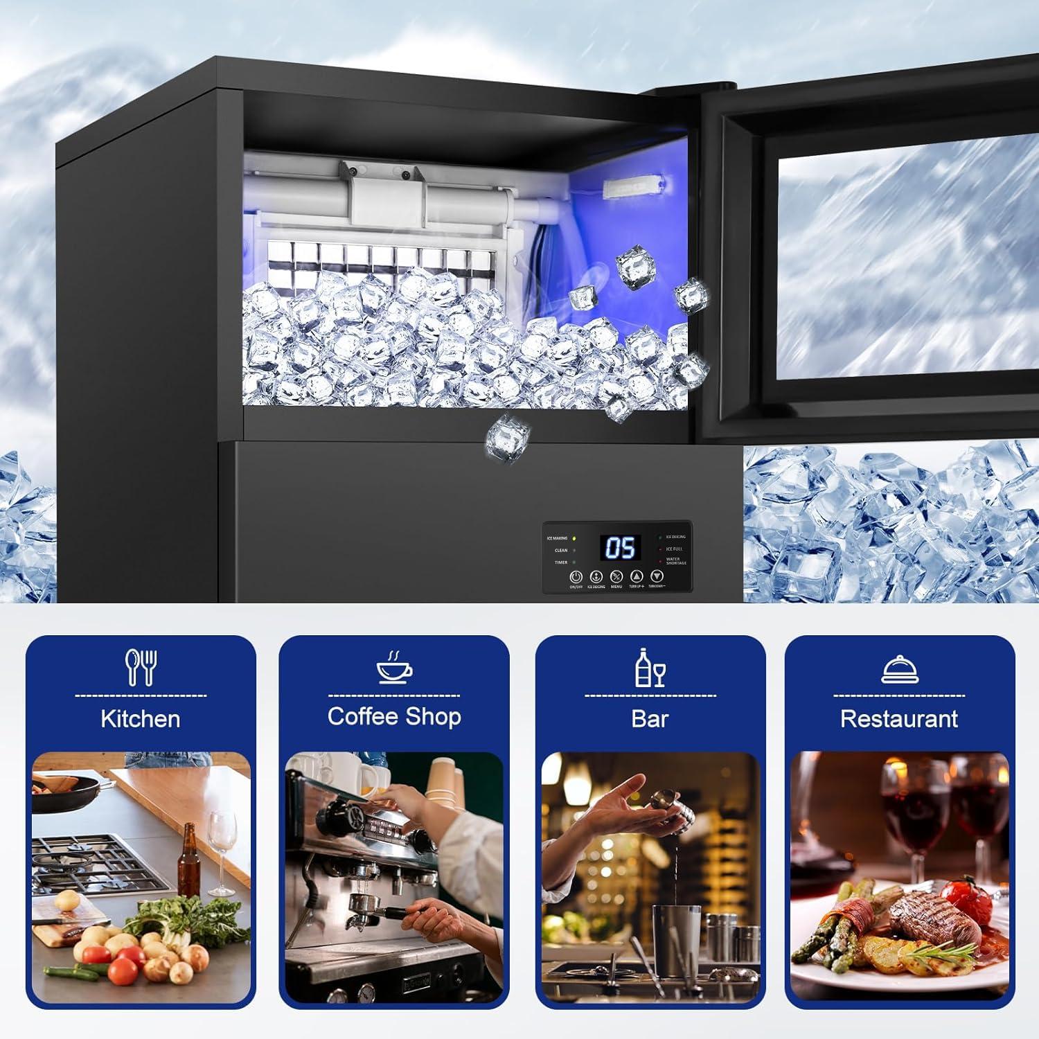 Commercial Built-in or Freestanding Ice Maker 130Lbs/24H with 35Lbs Ice Capacity, 45Pcs Ice Cubes, Stainless Steel