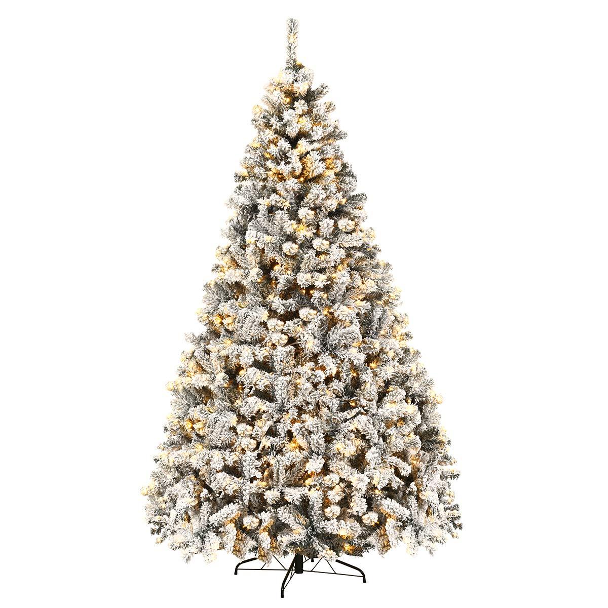9-Foot White Flocked Pine Christmas Tree with Warm LED Lights