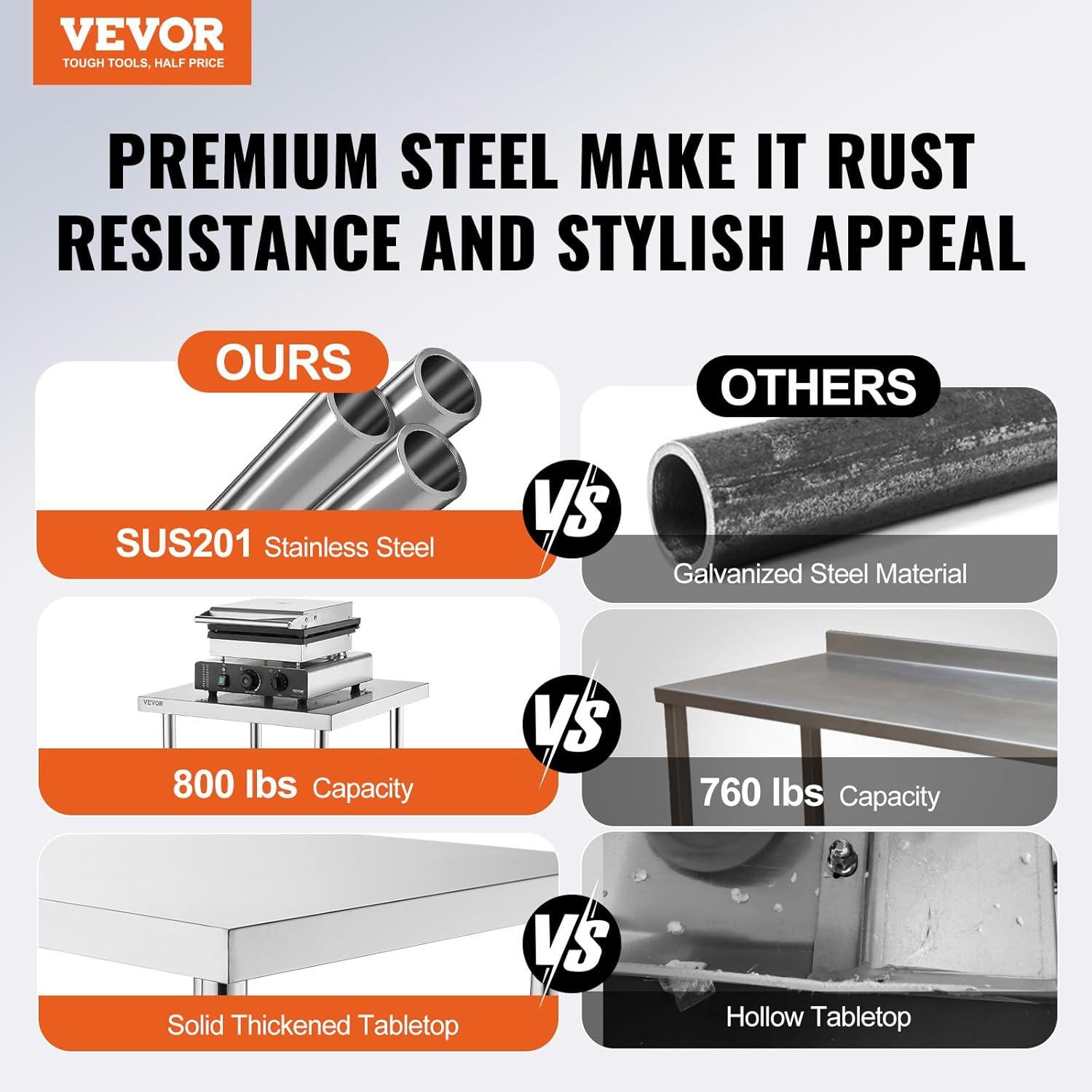 VEVOR Stainless Steel Prep Table, 48 x 24 x 34 Inch, 550lbs Load Capacity Heavy Duty Metal Worktable with Adjustable Undershelf, Commercial Workstation for Kitchen Restaurant Garage Backyard