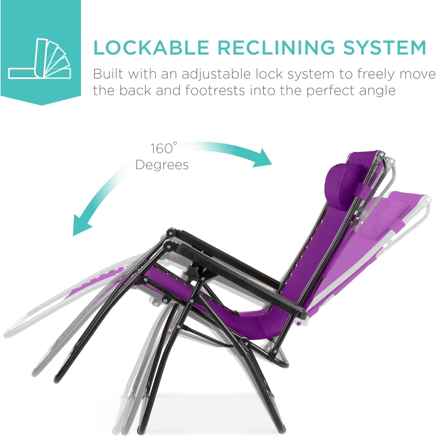 Best Choice Products Folding Zero Gravity Recliner Patio Lounge Chair w/ Canopy Shade, Headrest, Tray - Amethyst Purple