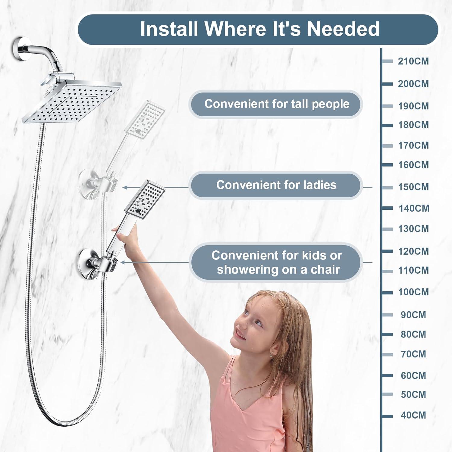 BRIGHT SHOWERS Rain Shower Head Combo, 8" Rainfall Shower with Handheld Spray, 60" Hose, 3-Way Diverter, Wall Bracket, Chrome