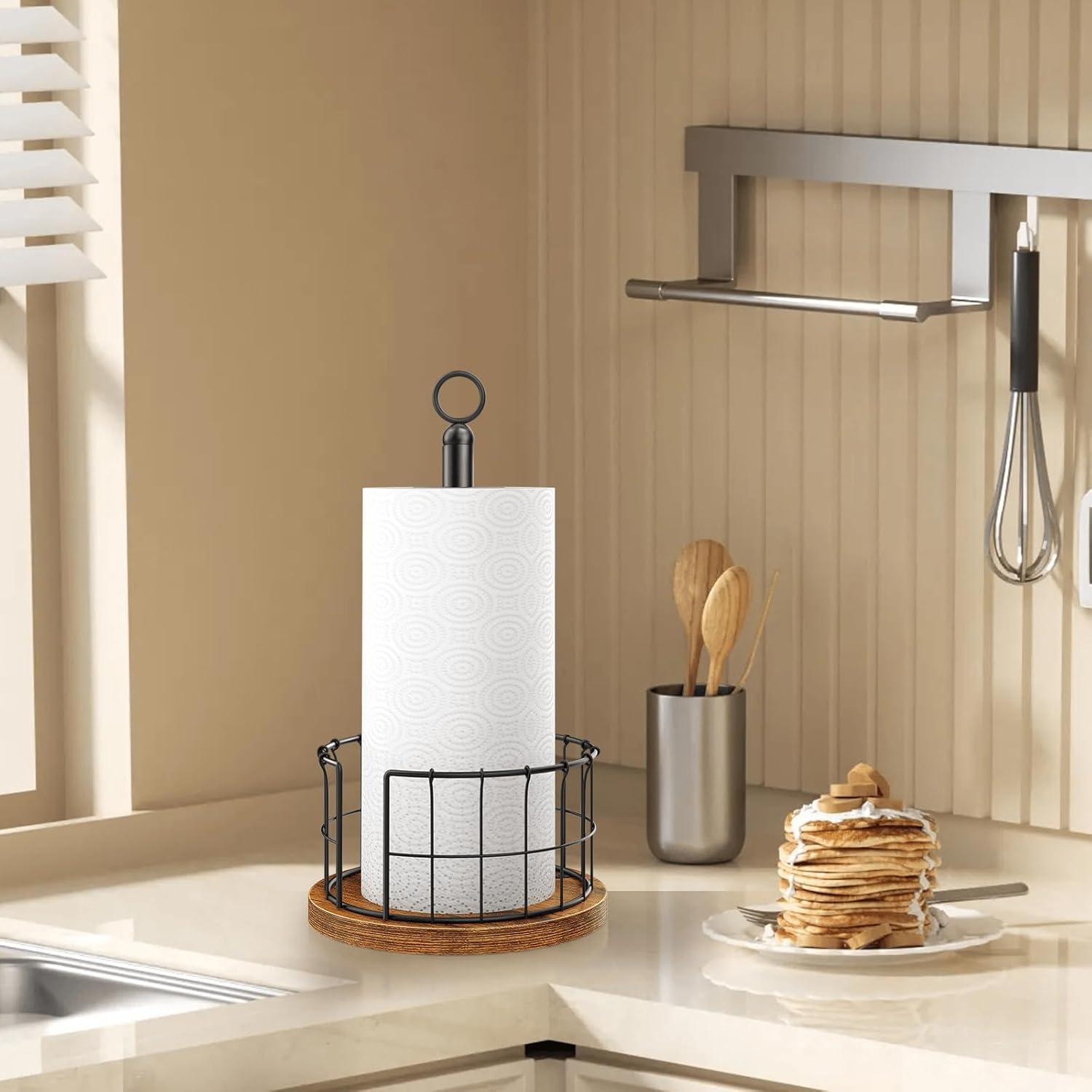 One Allium Way® Paper Towel Holder Countertop, Standing Paper Towel Roll Holder For Bathroom, Paper Towel Rack With Heavy Duty Wooden Base For Kitchen Counter, Fits Standard Or Jumbo-Sized Rolls,(Brown)