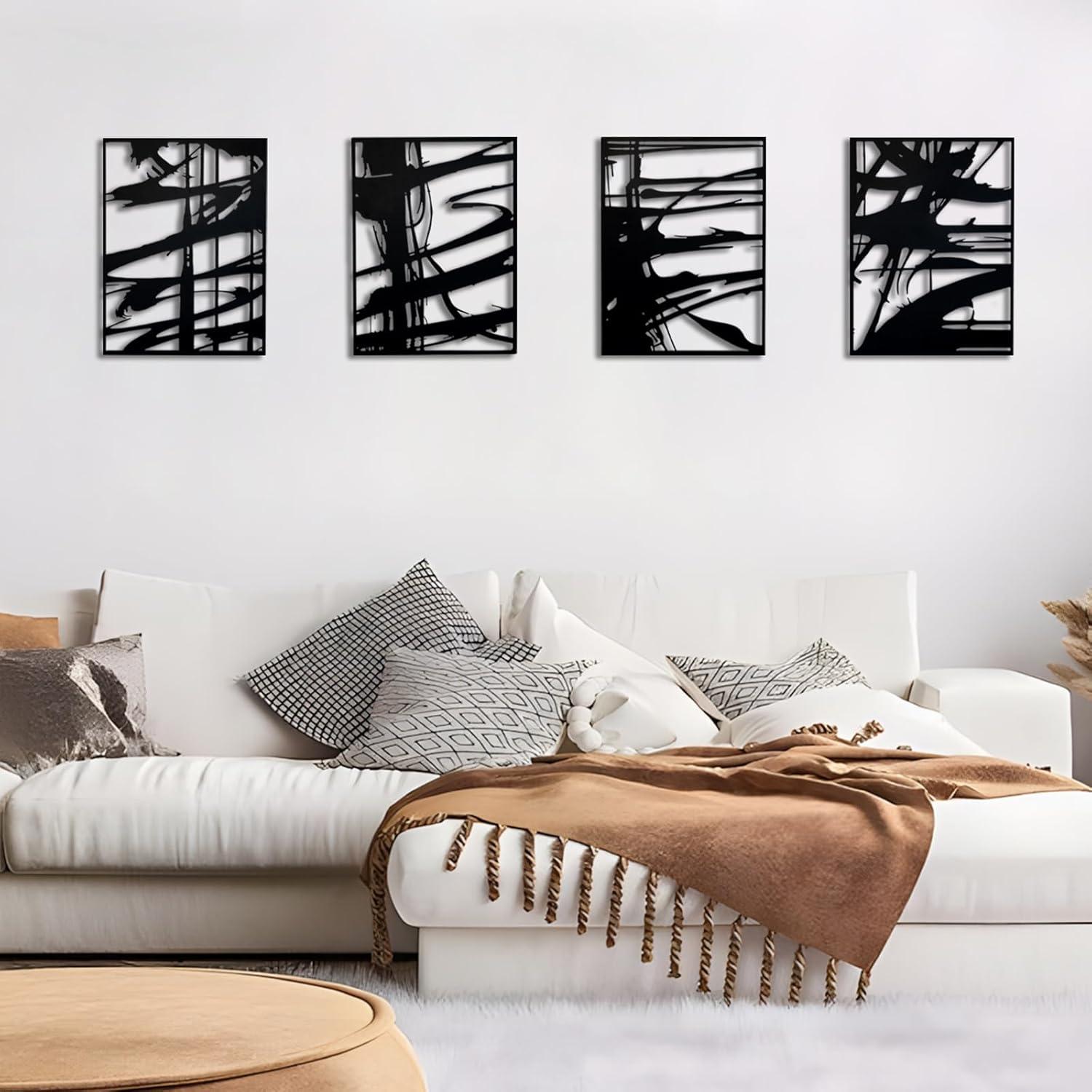 Ivy Bronx 4 Pack Black Abstract Metal Wall Art, Minimalist Décor Single Line Art Wall Décor, 3D Textured Metal Wall Sculptures, For Living Room Bedroom Bathroom Study Room (Black Abstract, M Size 16 X 11'')