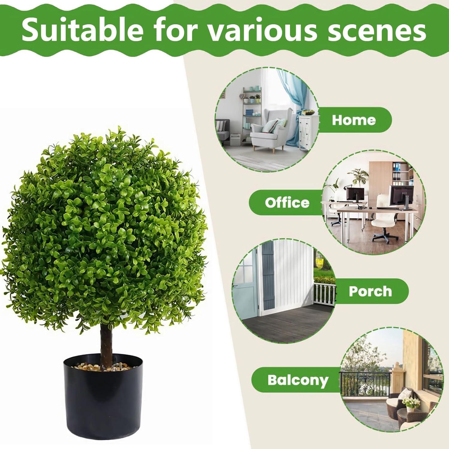 22’’ Faux Boxwood Topiary Ball Tree Set of 2, Artificial Plants Outdoor Weather Resistant, Cement-Filled Potted Bushes, Evergreen Topiary Trees Artificial for Porch Decoration Indoor Outdoor