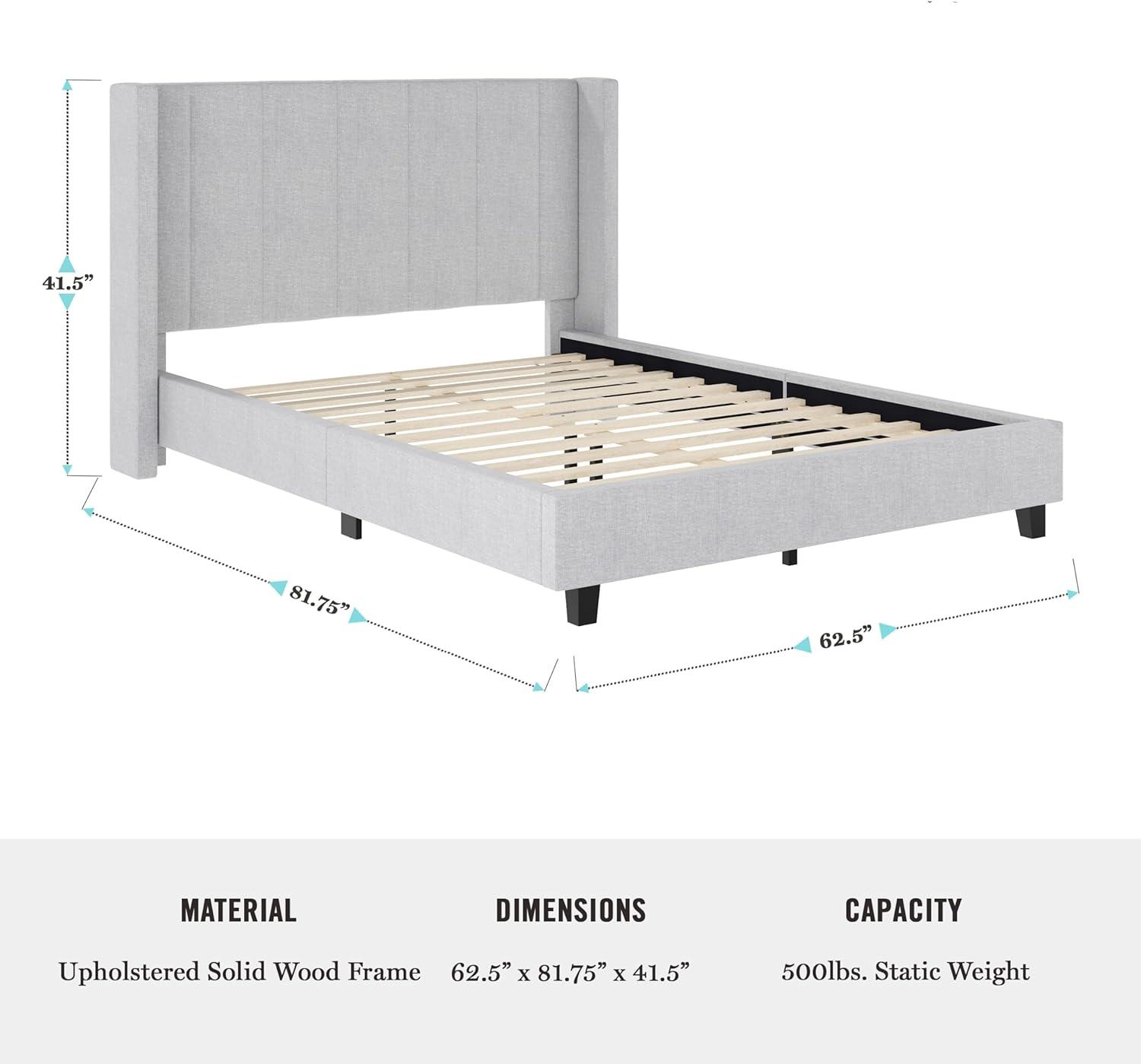 Martha Stewart Kay Full Upholstered Platform Bed with Channel Stitched Wingback Headboard and Cushioned Siderails, Wood Slat Foundation, No Box Spring Needed, Gray