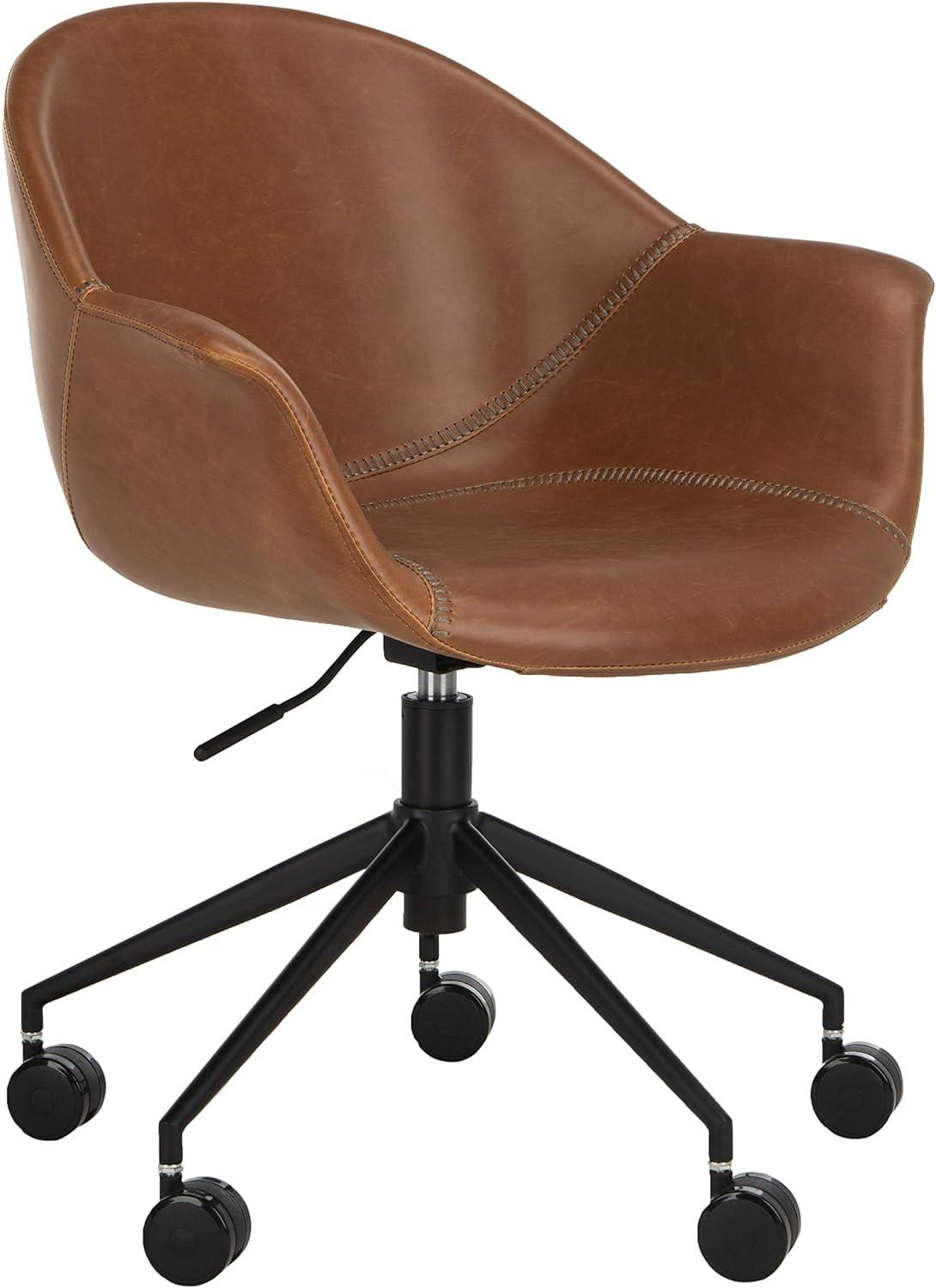 Transitional Ember Swivel Task Chair in Light Brown Leather and Black Wood