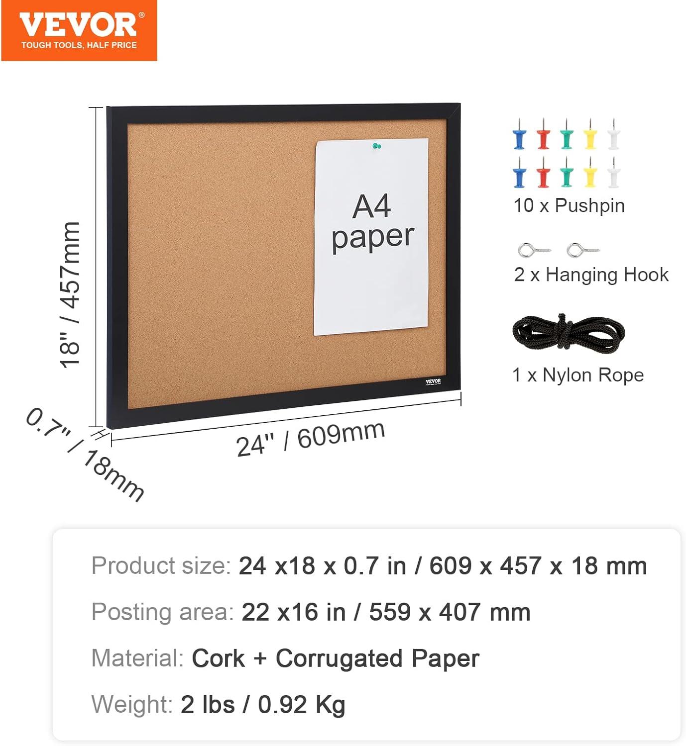 VEVOR Cork Board, 24 x 18 inches, Double-sided Bulletin Board with MDF Sticker Frame, Vision Board Includes 10 Pushpins, for Display and Decoration in Office Home and School