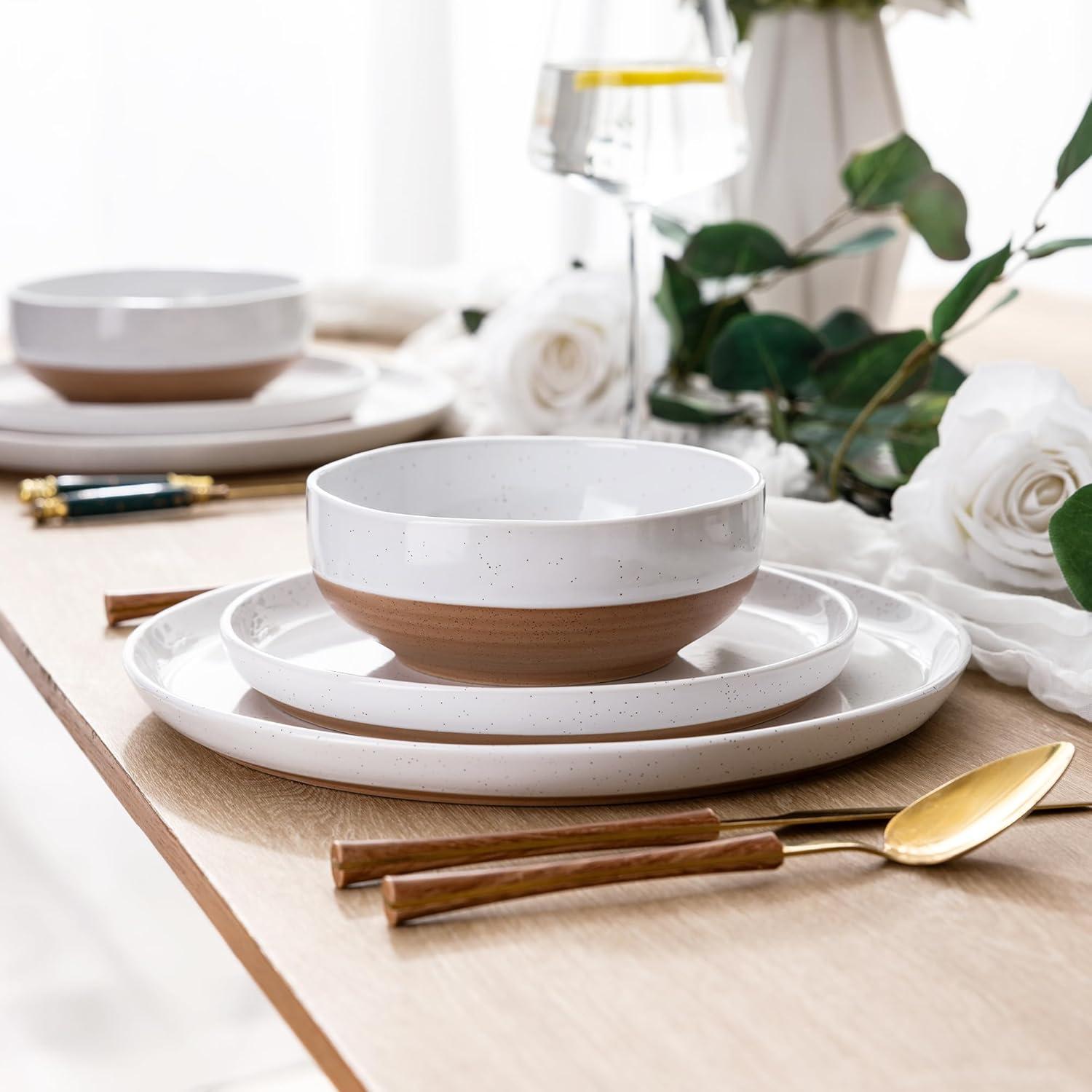 White and Terracotta Ceramic Dinnerware Set for 4, 12 Pieces