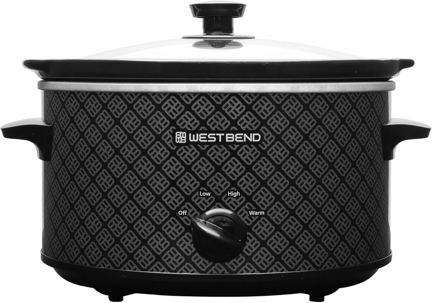 West Bend Slow Cooker 4-Quart Manual Crockery Style with Oval Ceramic Crockpot and Glass Lid, 210-Watts, Black
