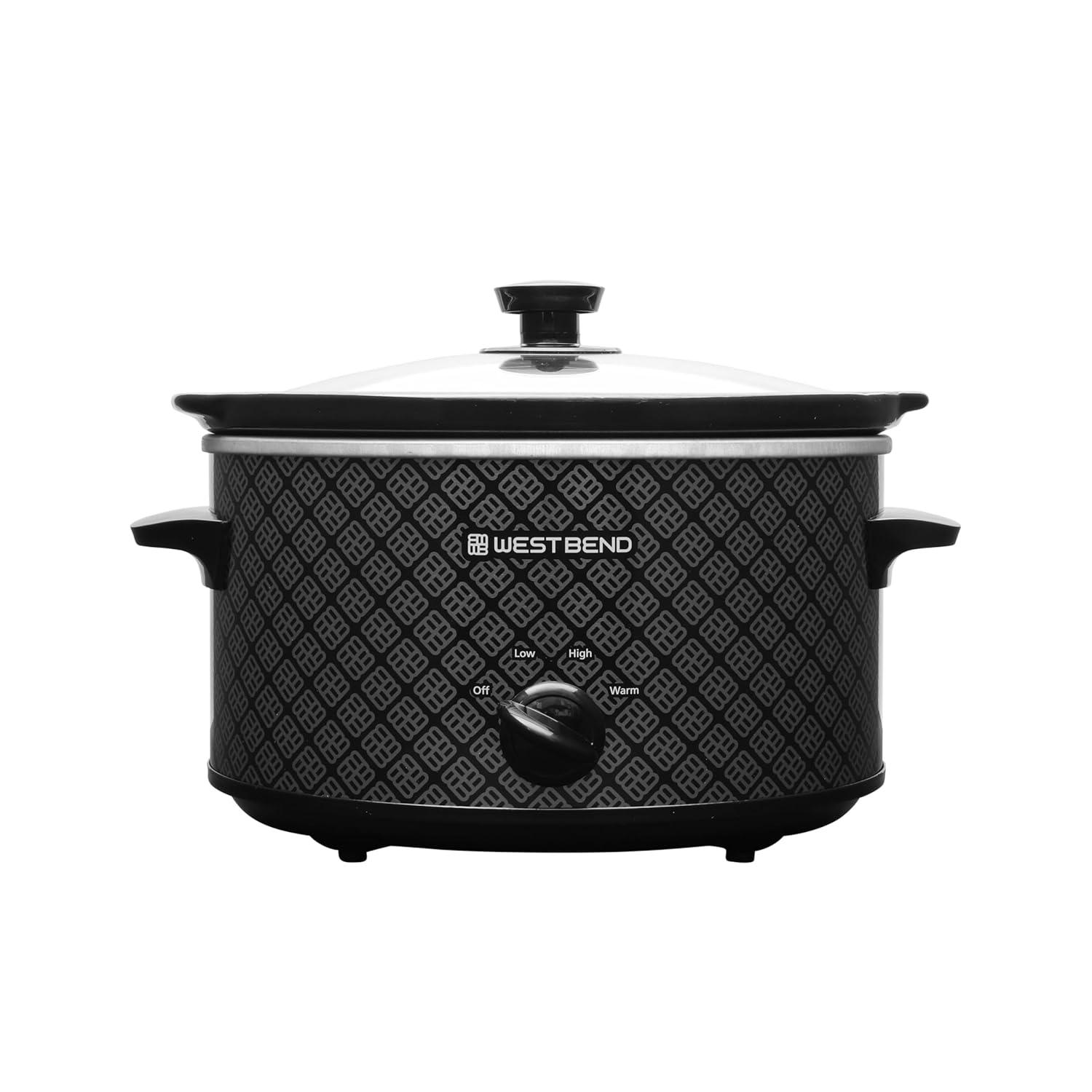 West Bend Slow Cooker 4-Quart Manual Crockery Style with Oval Ceramic Crockpot and Glass Lid, 210-Watts, Black