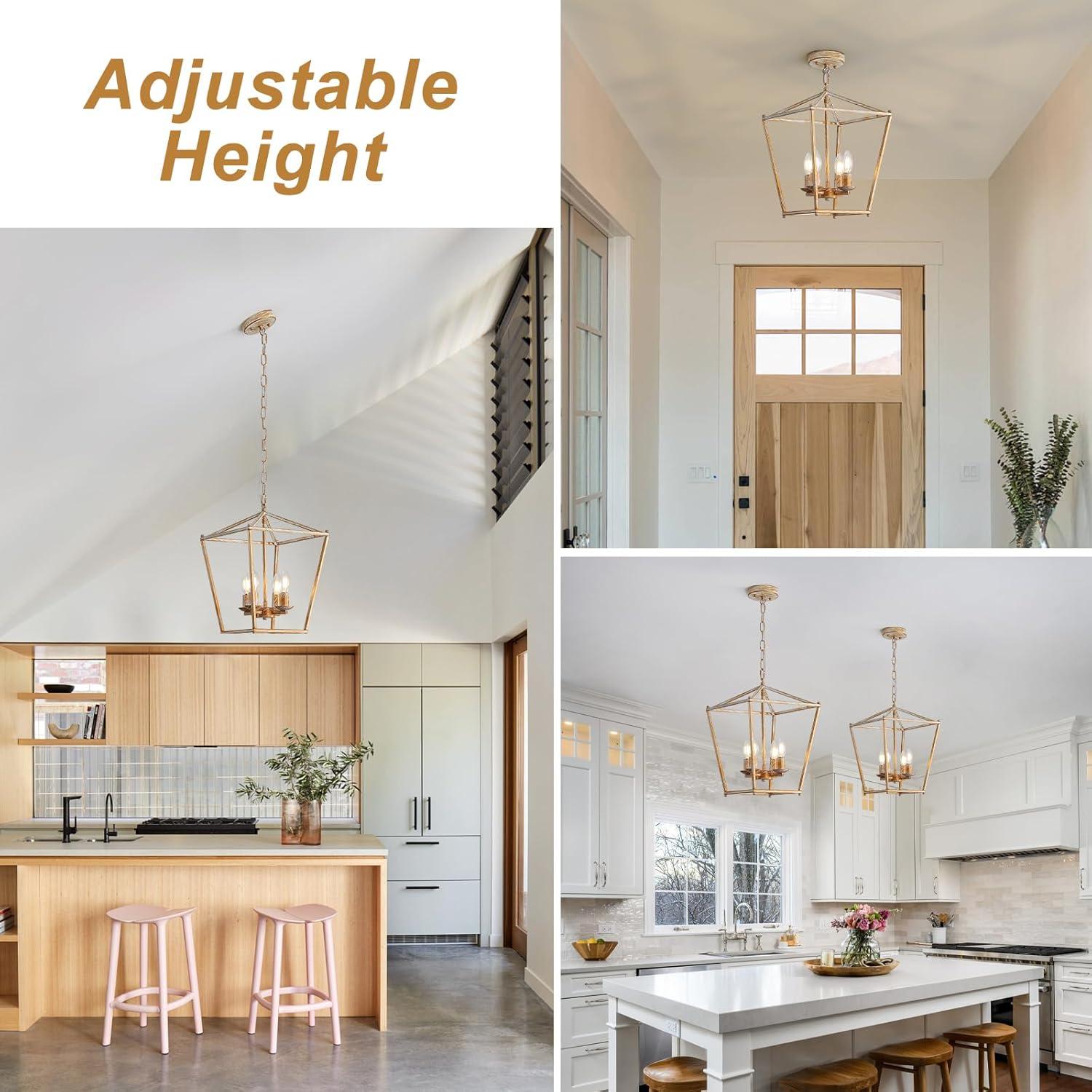 Rustic Lantern Chandeliers 4-Light Ceiling Cage Hanging Lights Gold Pendant Light Fixtures for Kitchen Island Dining Room Farmhouse Entryway Foyer