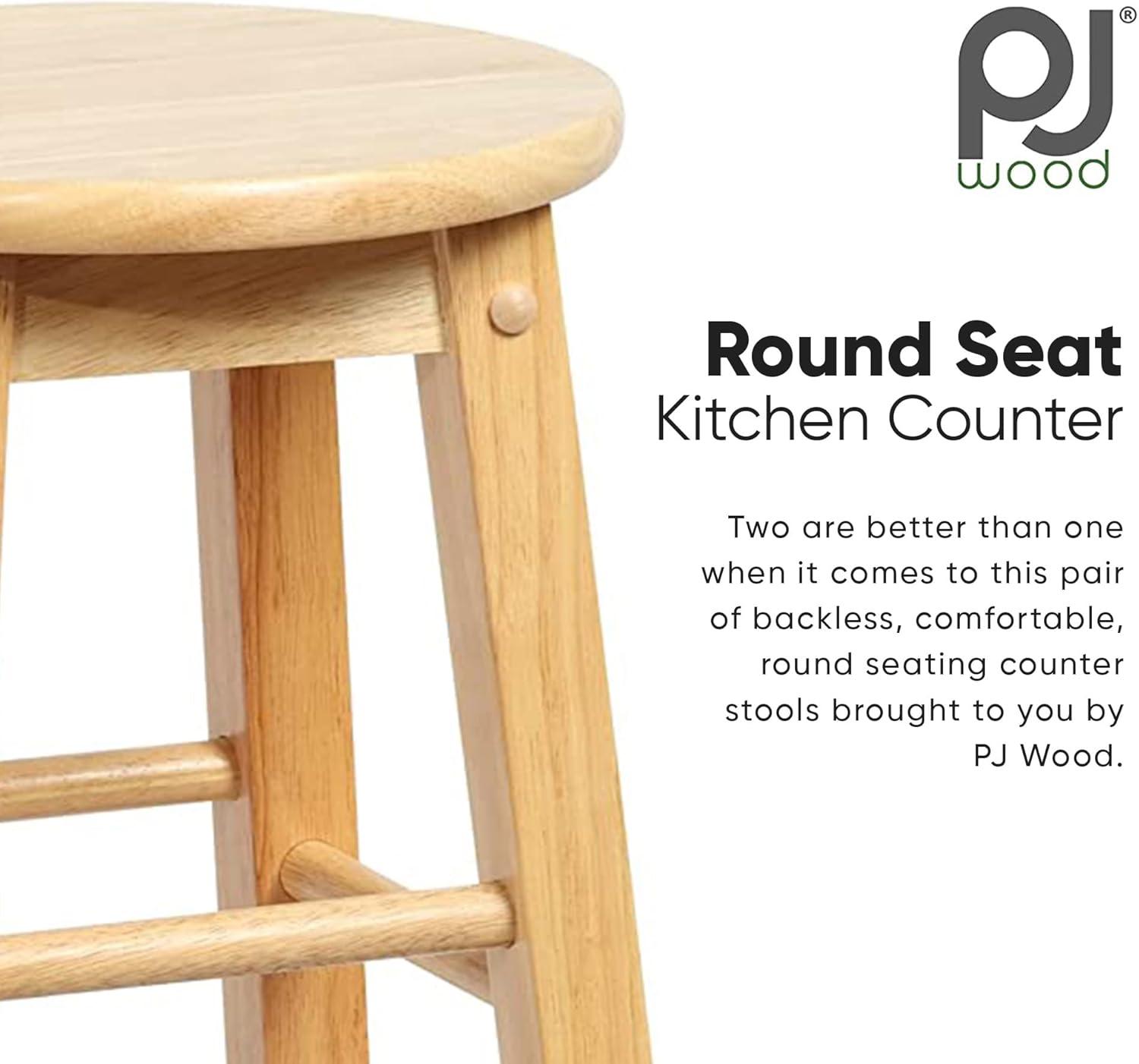 PJ Wood Round-Seat 24 Inch Tall Kitchen Counter Stools for Homes, Dining Spaces, and Bars with Backless Seats, 4 Square Legs, Natural, Set of 2