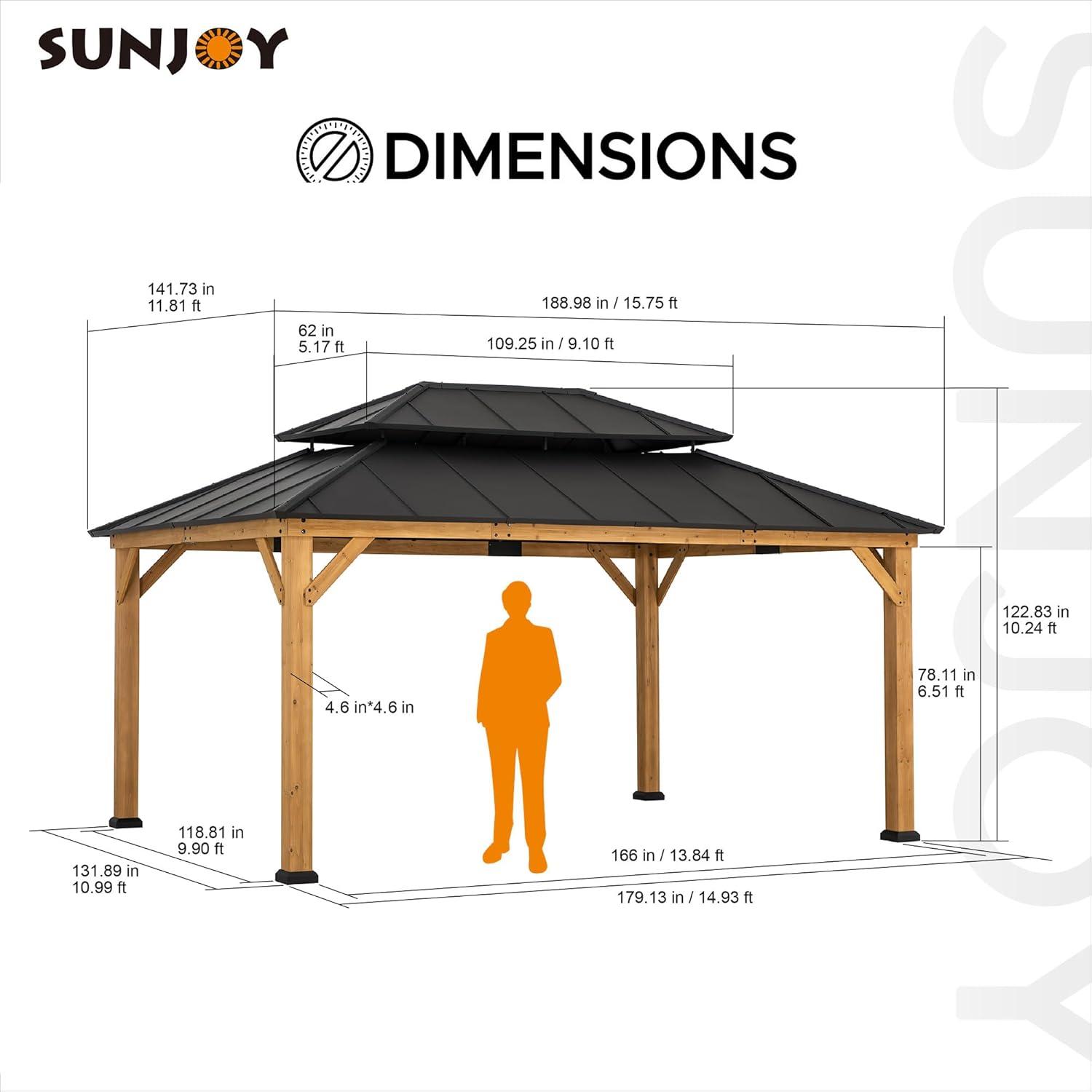 Sunjoy 12x16 ft Cedar Wood Gazebo with Steel Roof