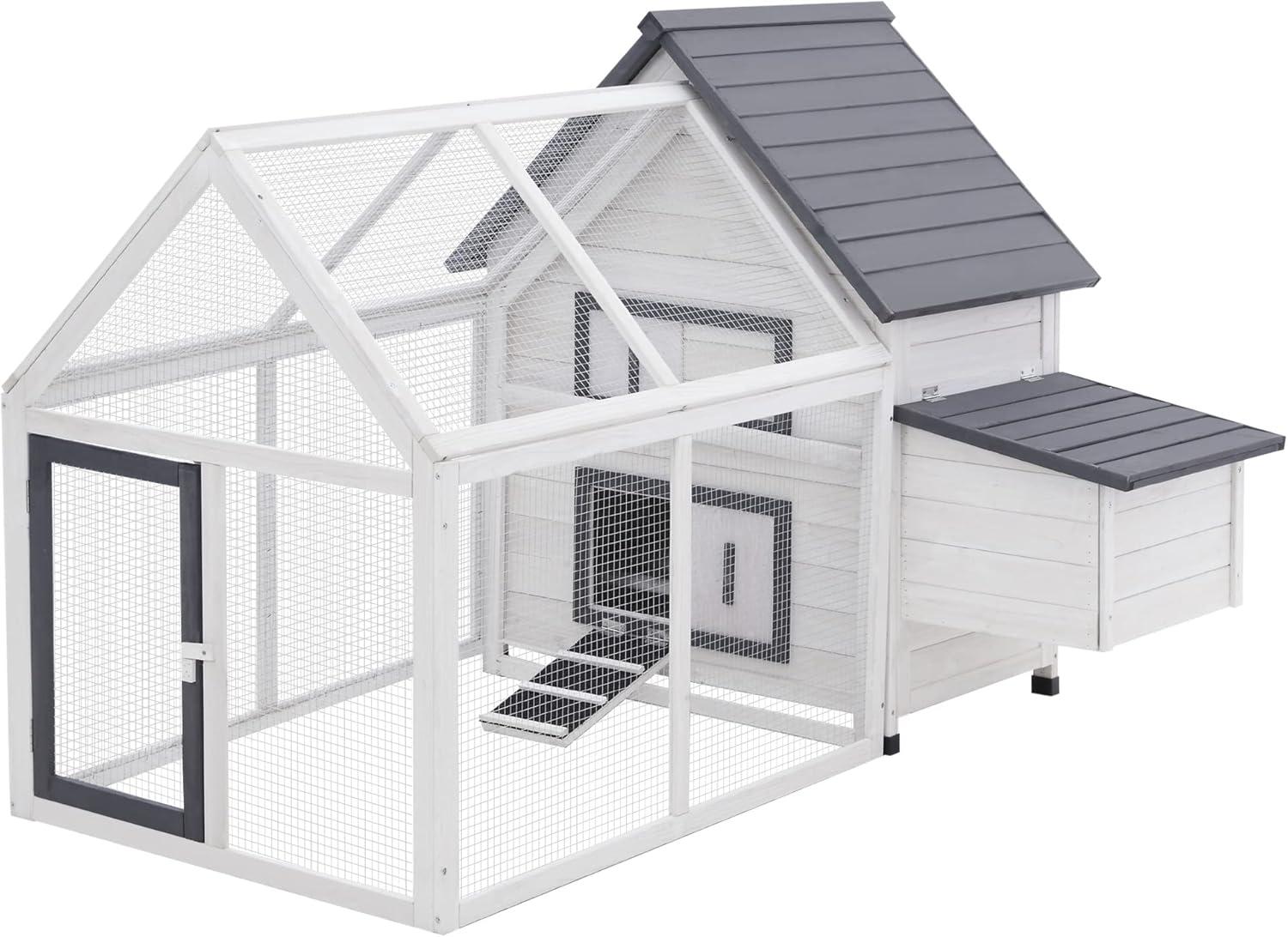 Gray and White Wooden Chicken Coop with Nesting Box and Ramp