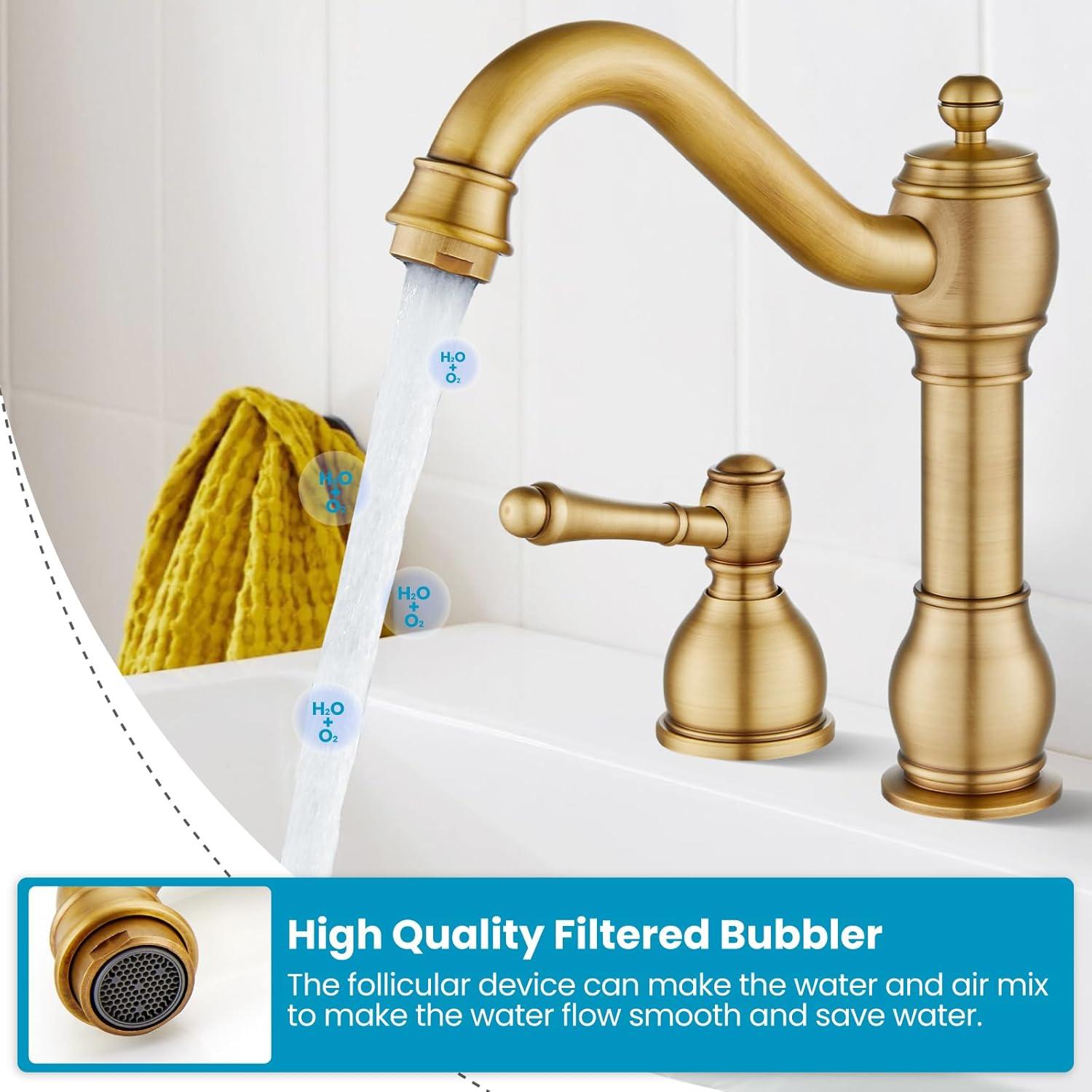 gotonovo Bathroom Faucet 3 Hole 8 Inch Widespread Bathroom Sink Faucet 2 Cross Handles Vintage Lavatory Vanity Mixer Tap with Pop Up Drain, H C Label, Antique Brass