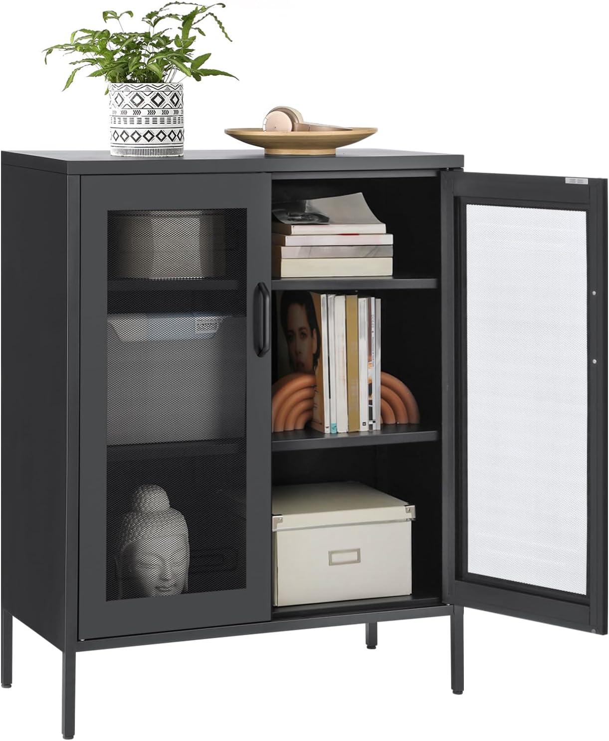 SONGMICS Metal Storage Cabinet with Mesh Doors, Steel Display Cabinets with Adjustable Shelves for Bathroom Home Office, Black