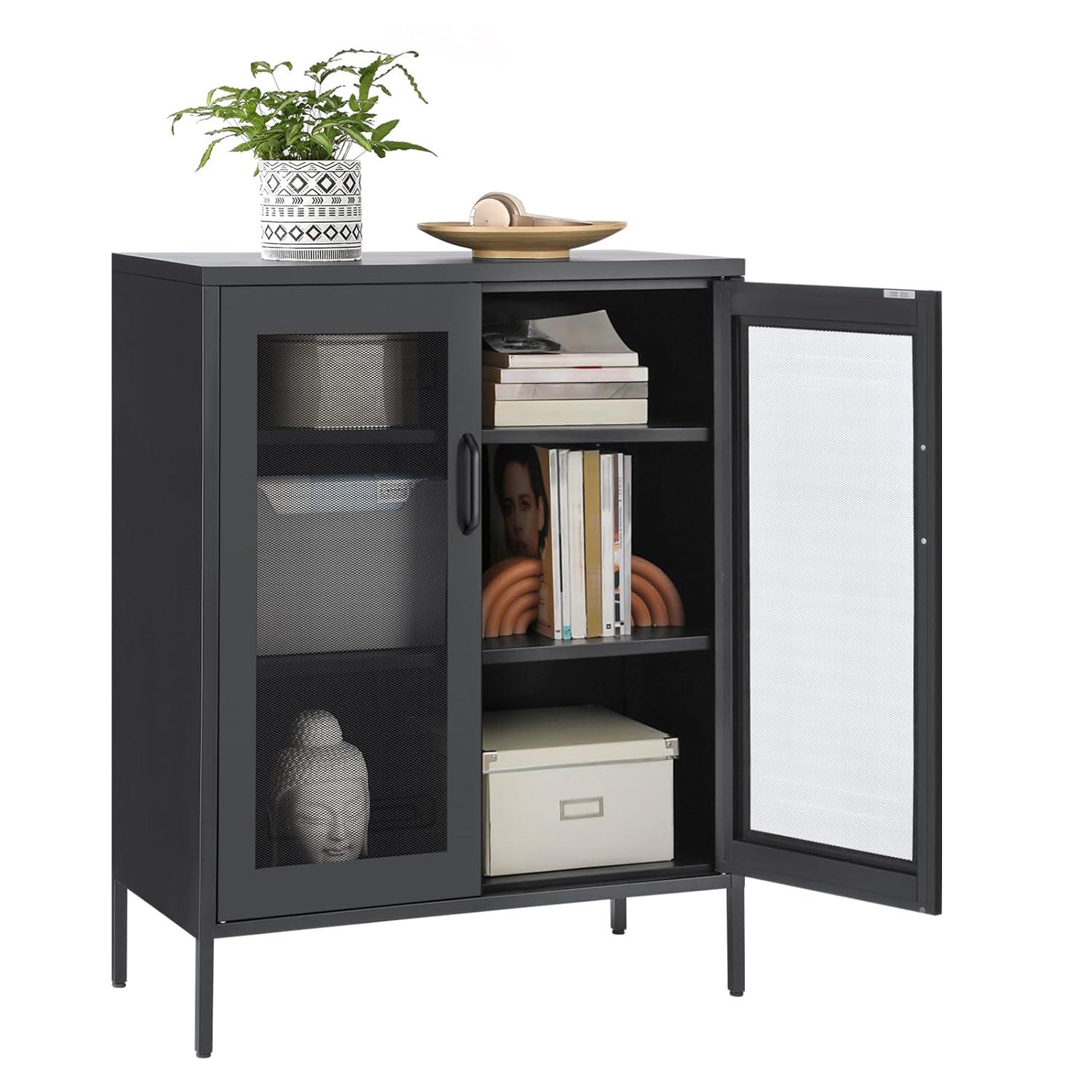 SONGMICS Metal Storage Cabinet with Mesh Doors, Steel Display Cabinets with Adjustable Shelves for Bathroom Home Office, Black