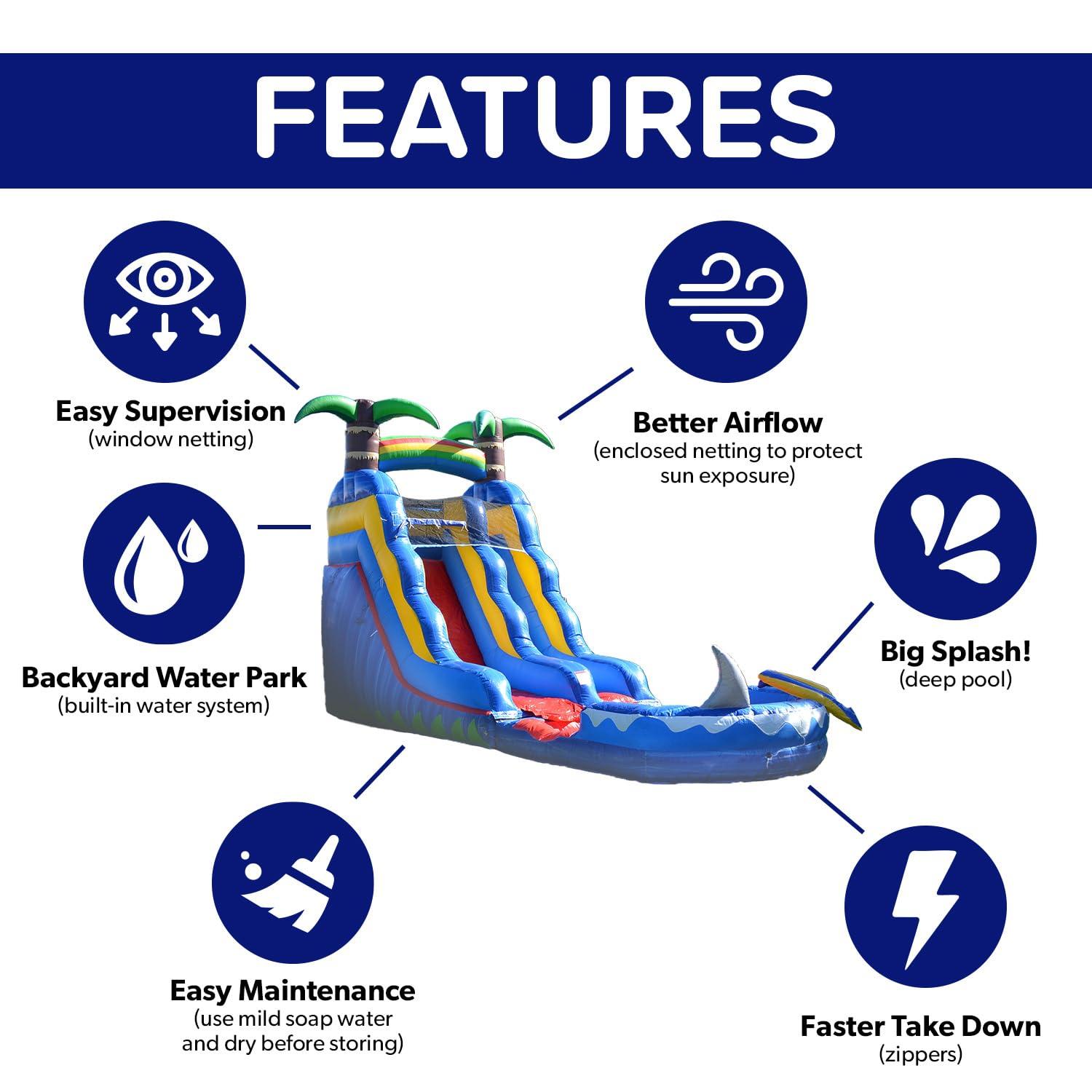 HeroKiddo Ocean Shark Commercial Grade Bounce House Water Slide with Splash Pool for Kids and Adults (with Blower), Basketball Hoop, Outdoor Indoor, Wet Dry Combo, Big Inflatable, Rental Quality