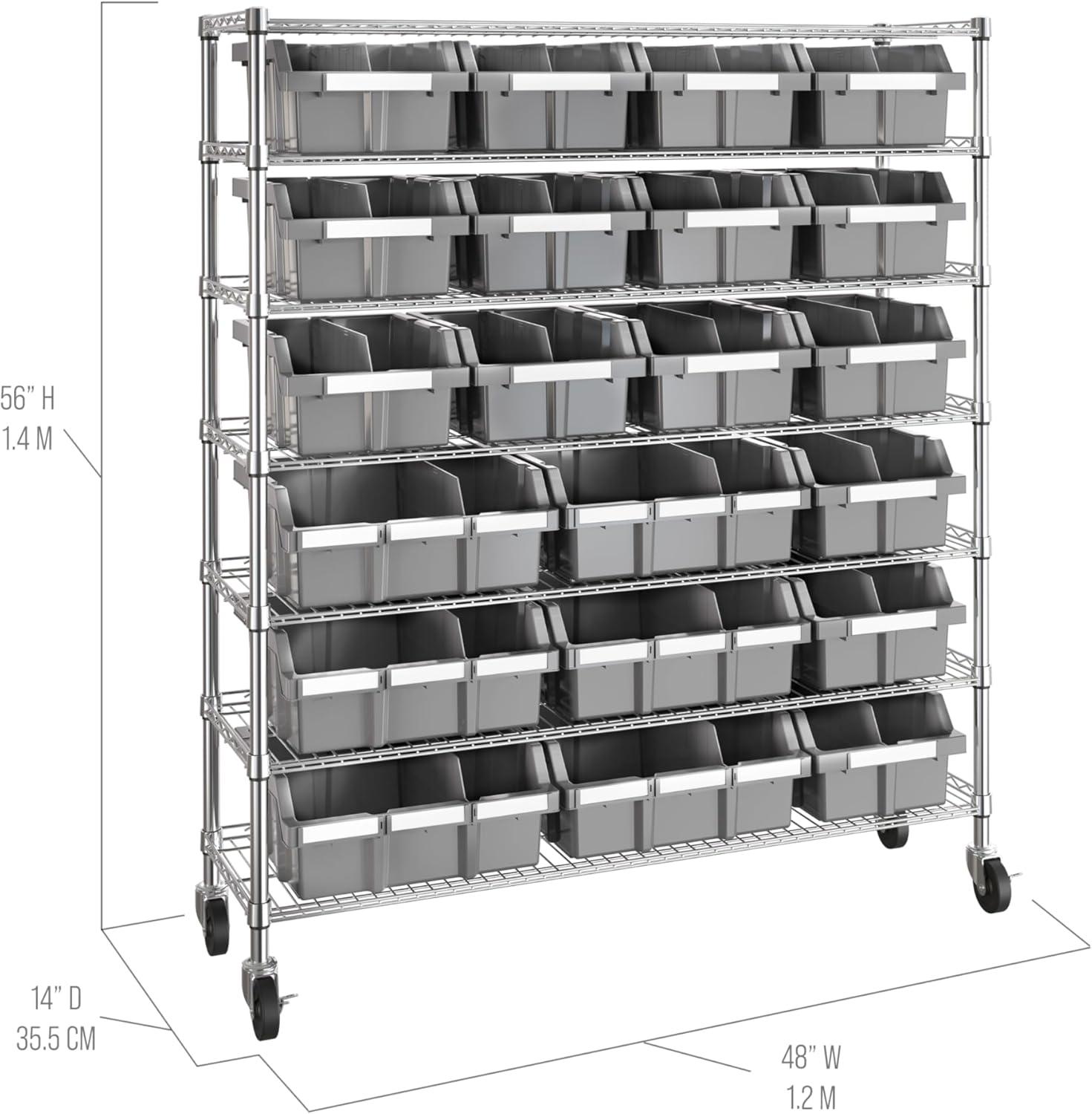 48" W NSF-Certified Commercial 7-Tier 21-Bin Storage Rack with Wheels