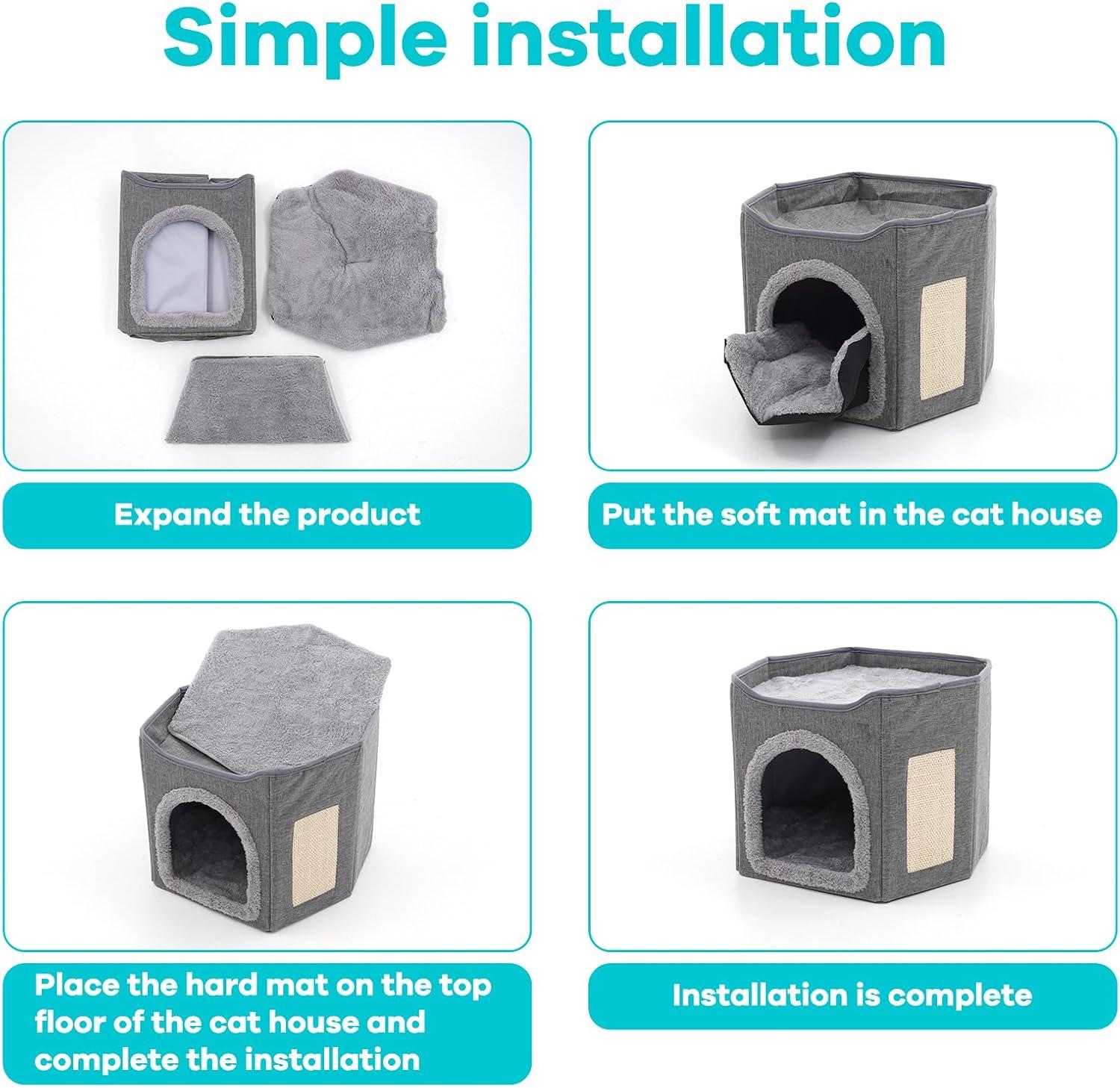 Cat Bed for Indoor Cats Cube House, Covered Cat Cave Beds & Furniture with Scratch Pad and Hideaway Tent, Cute Modern Cat Condo for Multi Small Pet Large Kitten Kitty, Dark Grey