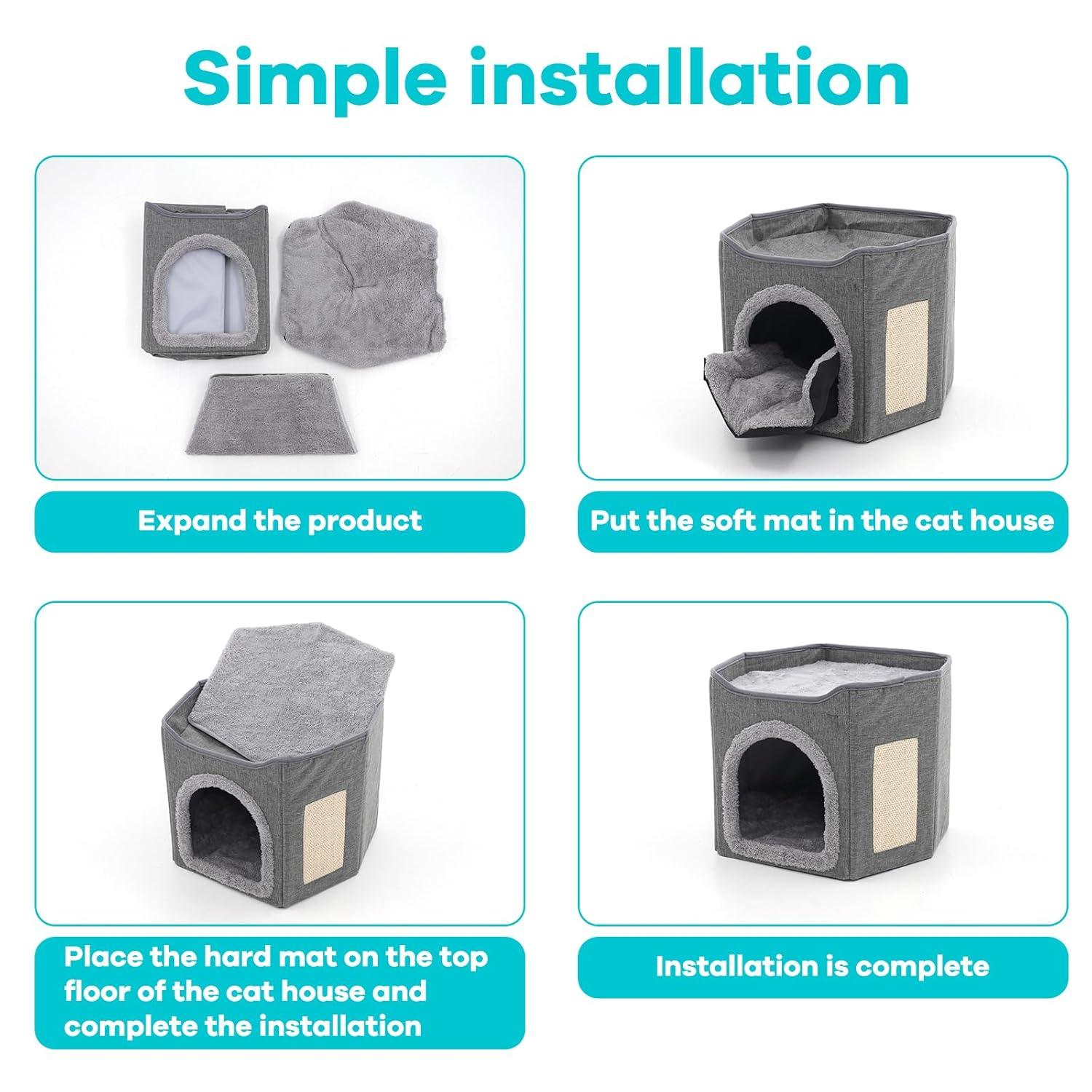 Cat Bed for Indoor Cats Cube House, Covered Cat Cave Beds & Furniture with Scratch Pad and Hideaway Tent, Cute Modern Cat Condo for Multi Small Pet Large Kitten Kitty, Dark Grey